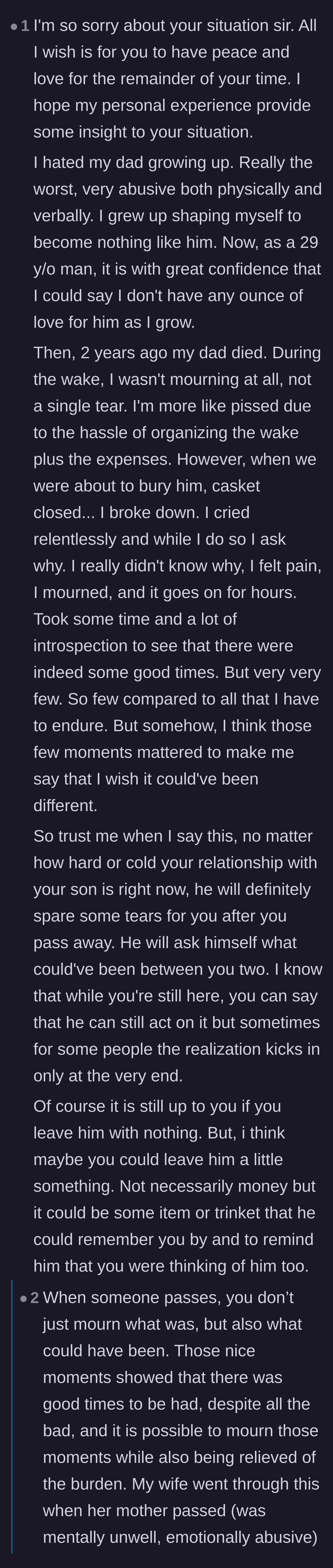 Comment thread sharing a personal story about grieving an abusive parent and suggesting the father leave a sentimental token behind.