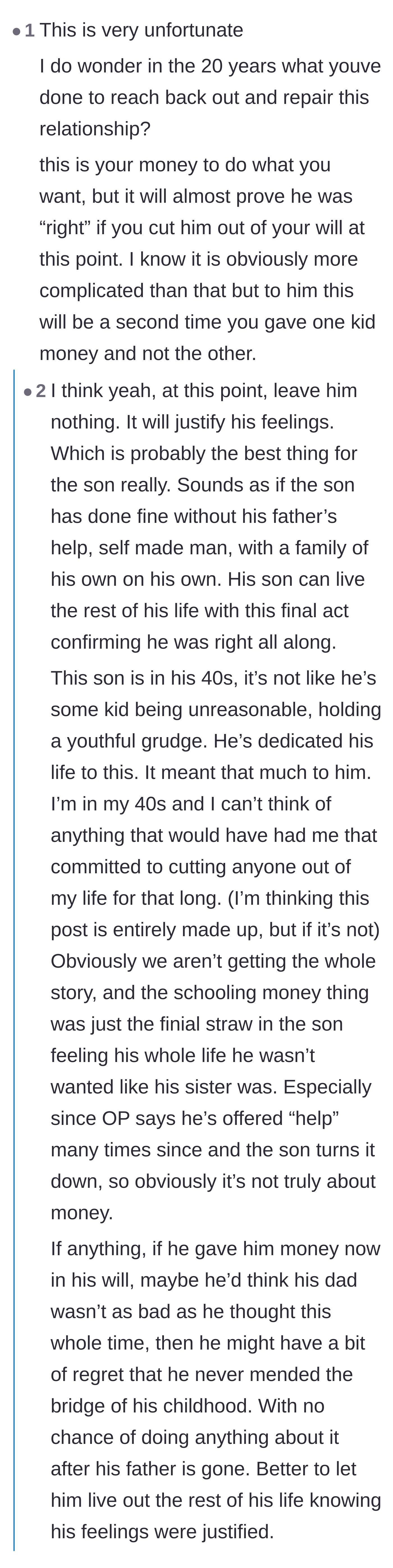 Comment thread arguing that leaving the son nothing might actually be a tragic mercy, as it validates the son's lifelong resentment and spares him from complex guilt.