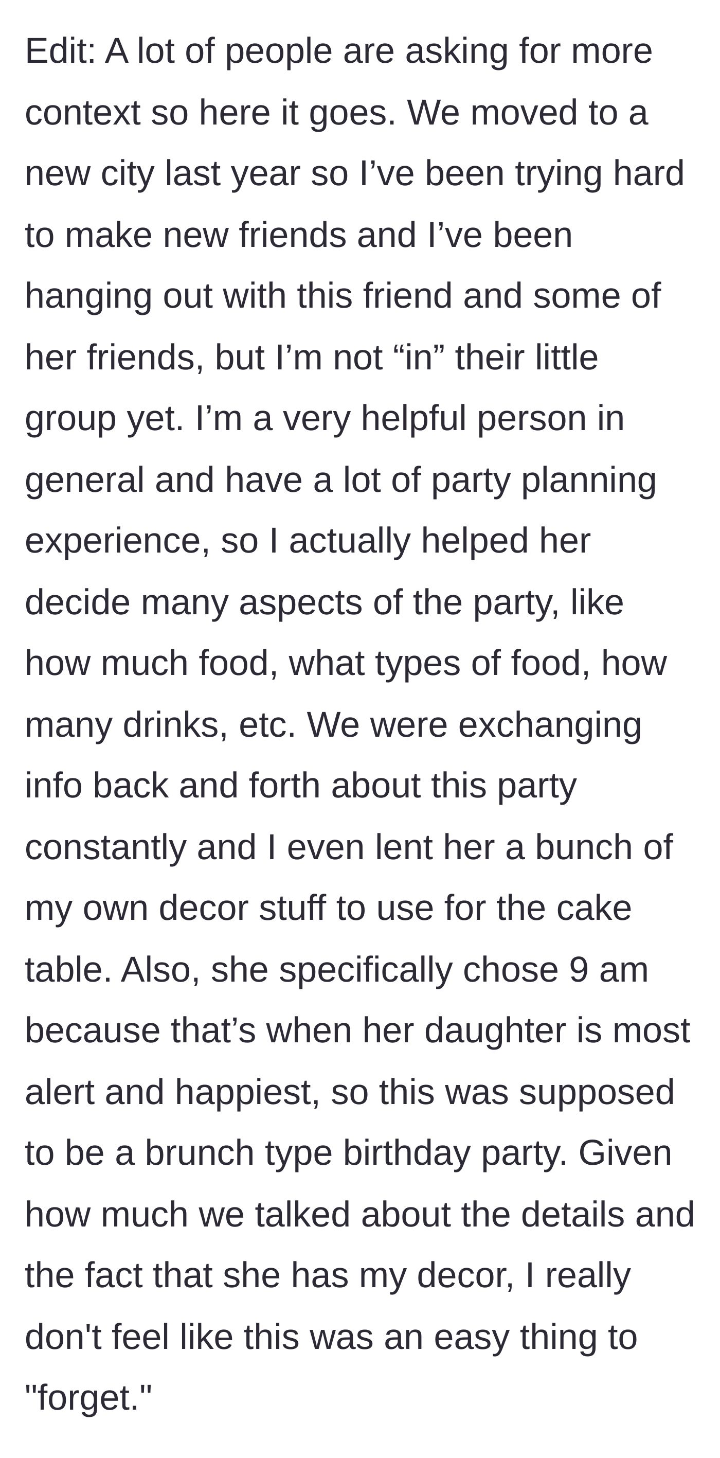 Story part 5 - The baker reveals she helped plan the party extensively and lent her own decor, casting serious doubt on the hostess's 'forgetfulness.'