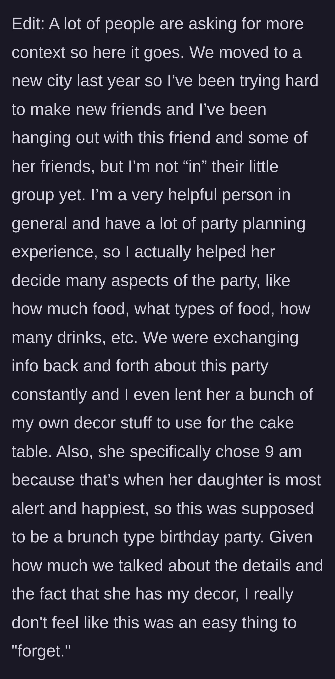 Story part 5 - The baker reveals she helped plan the party extensively and lent her own decor, casting serious doubt on the hostess's 'forgetfulness.'