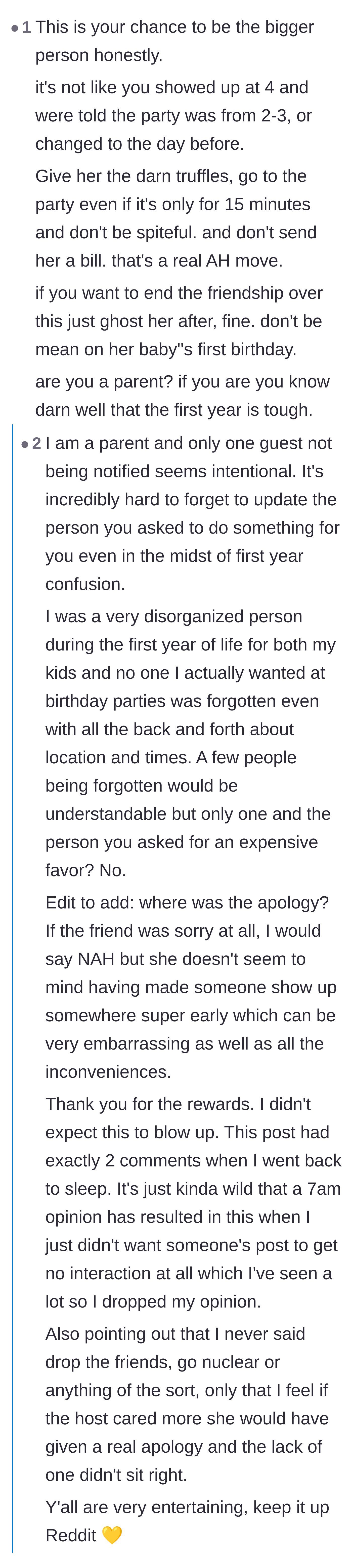 Comment thread 1 - Readers debate whether forgetting to notify the party planner was a genuine new-mom mistake or a deliberate social slight.