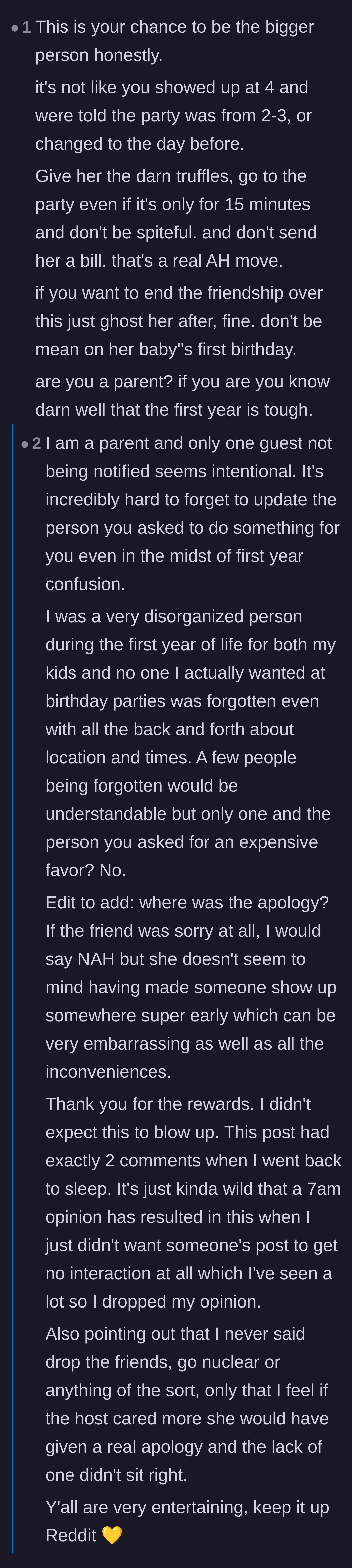 Comment thread 1 - Readers debate whether forgetting to notify the party planner was a genuine new-mom mistake or a deliberate social slight.