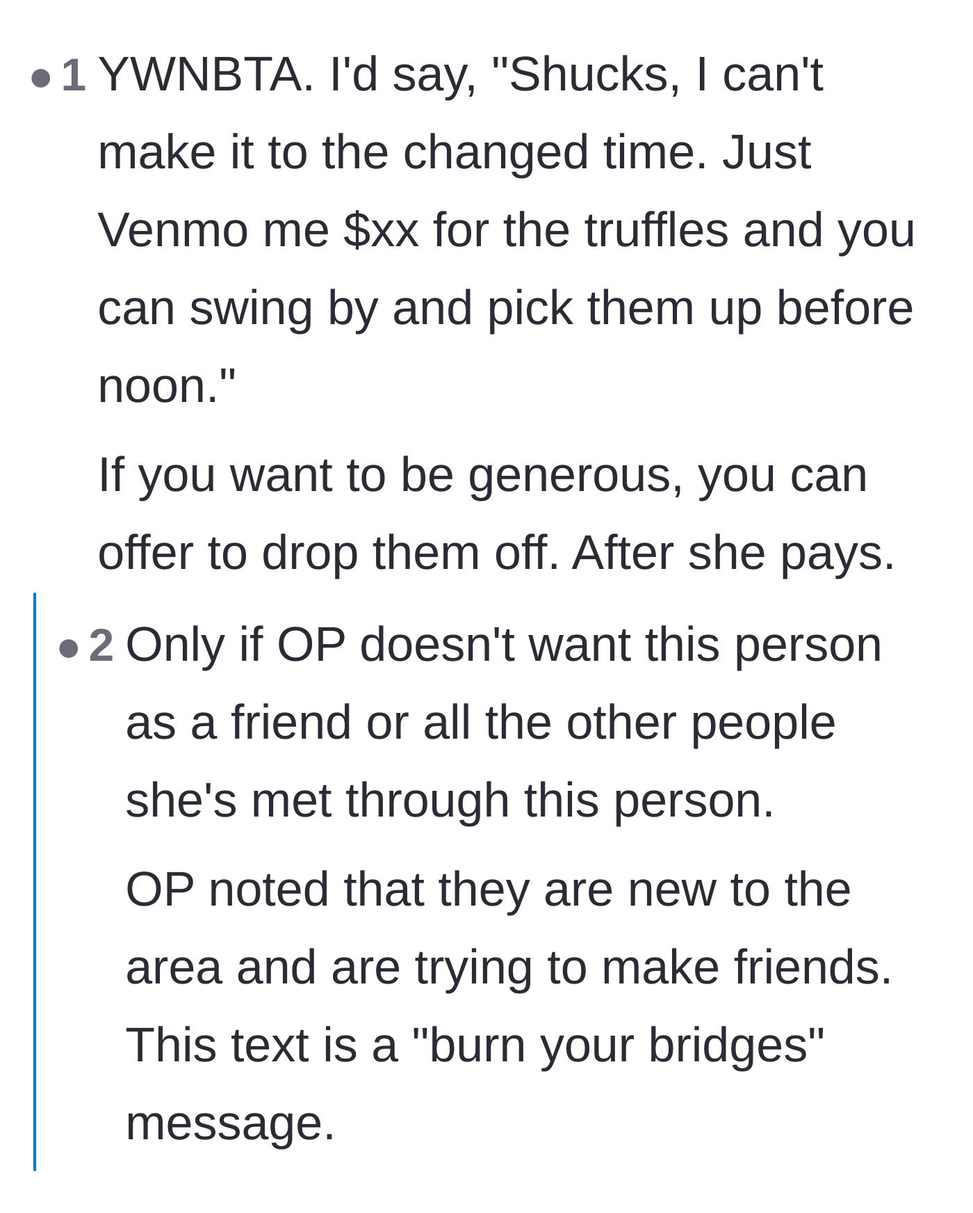 Comment thread 3 - Users argue over whether demanding payment and forcing the hostess to pick up the truffles is fair boundary-setting or just passive-aggressive.