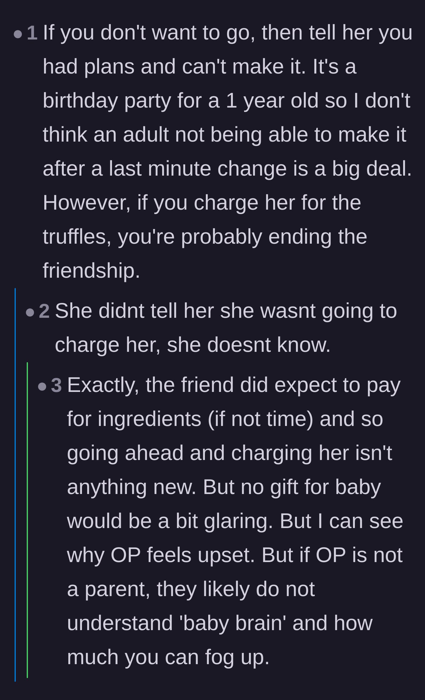Comment thread 4 - A reminder that the hostess originally agreed to pay for the ingredients before the baker silently changed her mind.