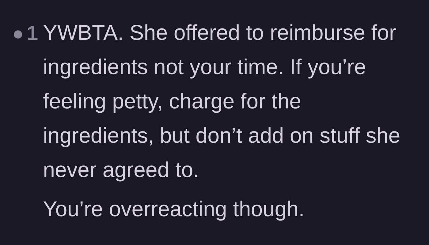 Comment thread 6 - A blunt reality check that the baker cannot retroactively charge for her labor just because she is angry.