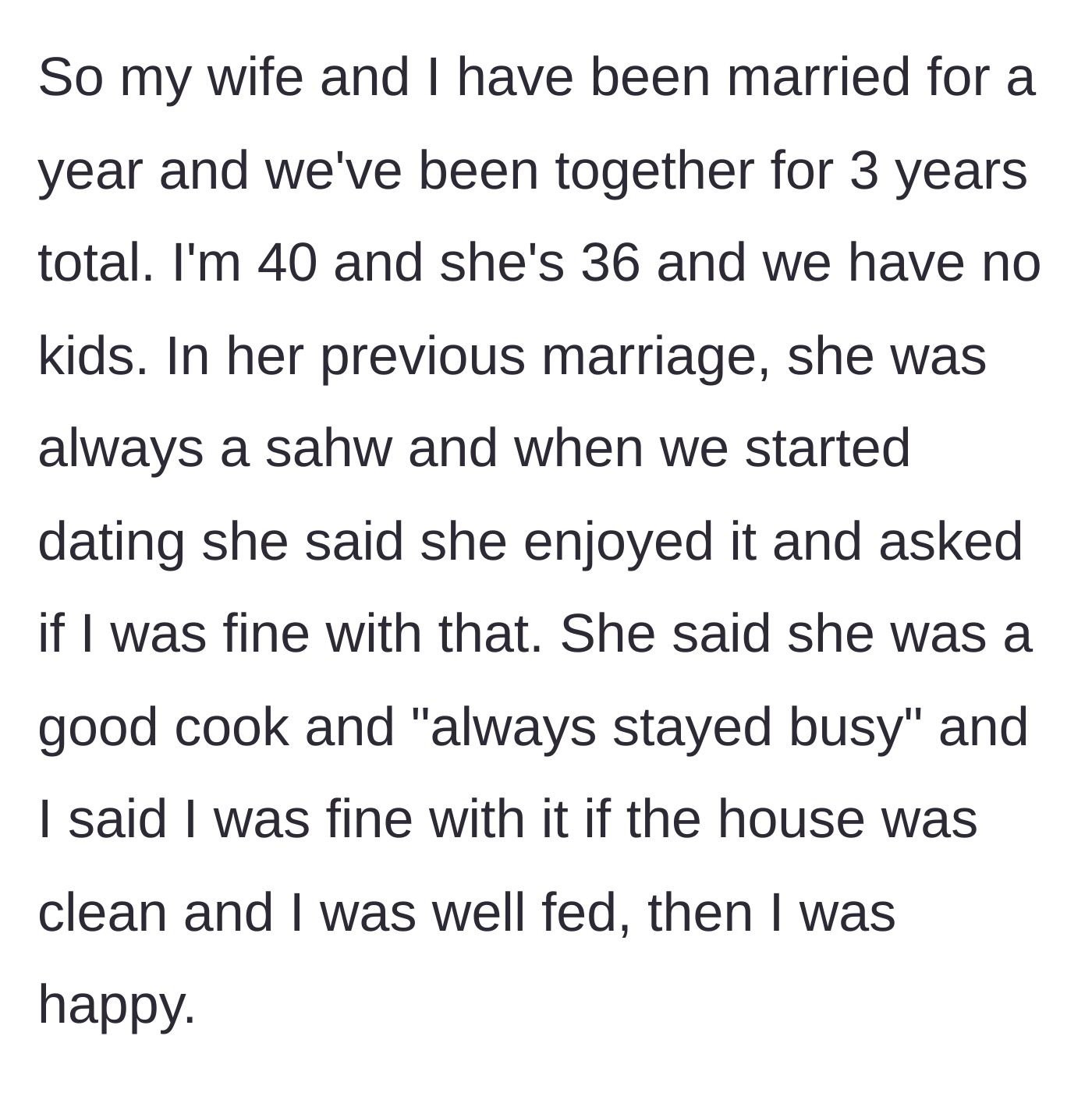 Story part 1 - A couple negotiating a stay-at-home wife arrangement before getting married.