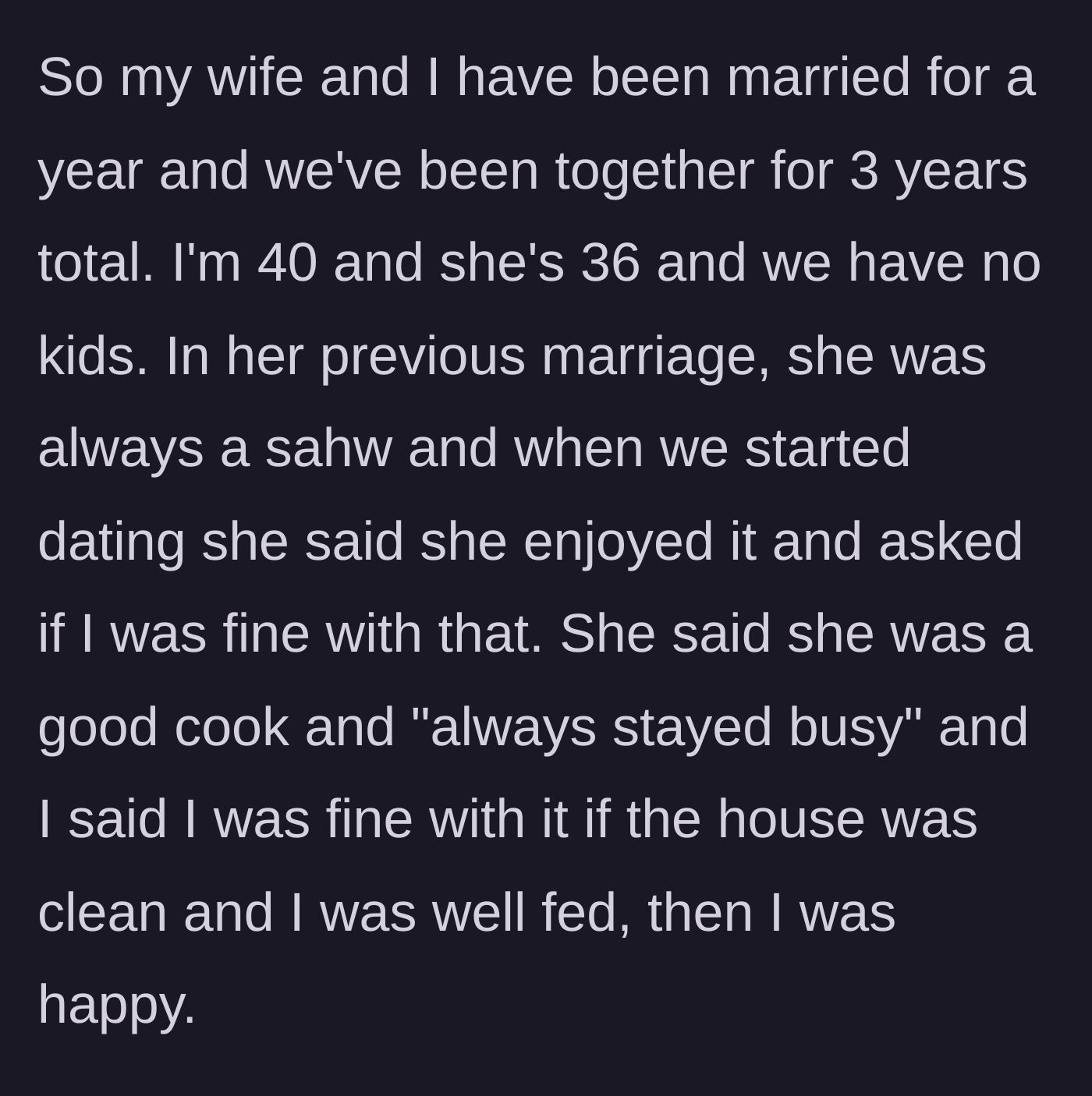 Story part 1 - A couple negotiating a stay-at-home wife arrangement before getting married.