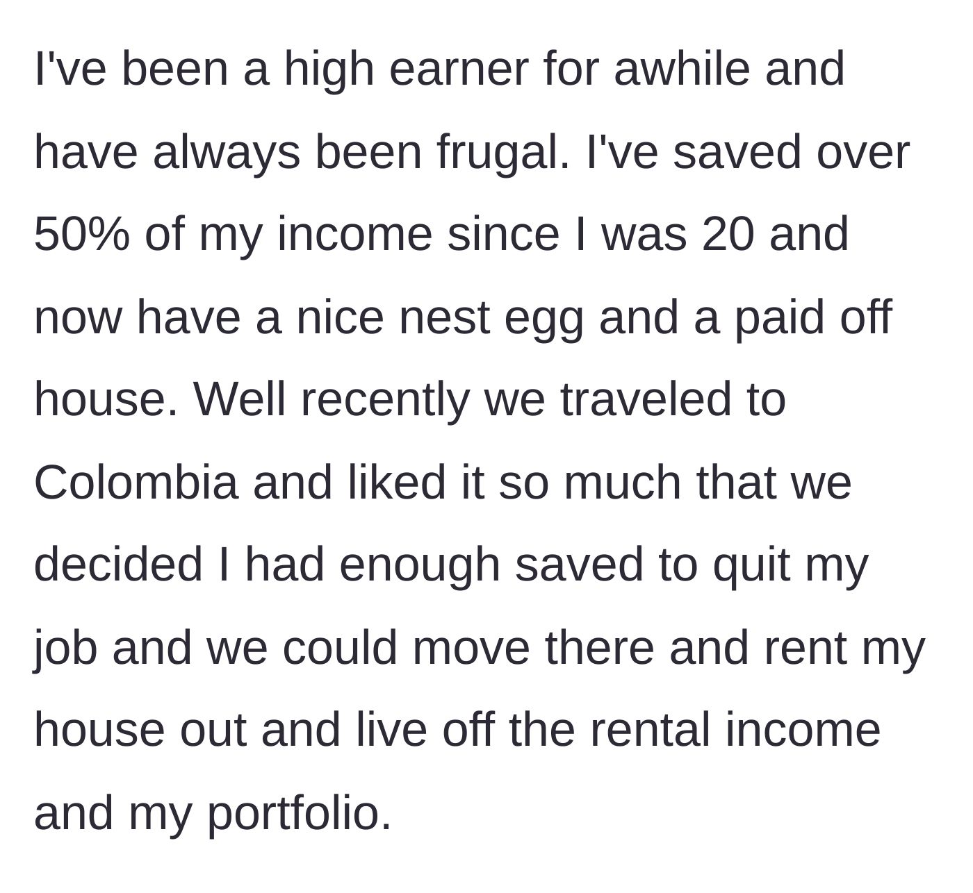 Story part 2 - A man reviewing his financial portfolio and a couple moving to Colombia.