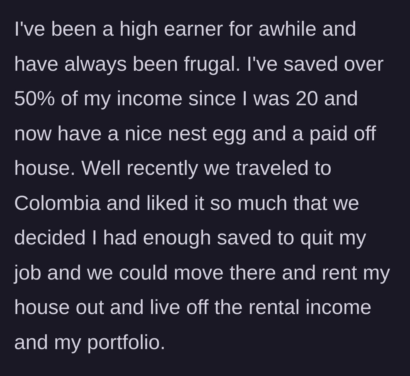 Story part 2 - A man reviewing his financial portfolio and a couple moving to Colombia.