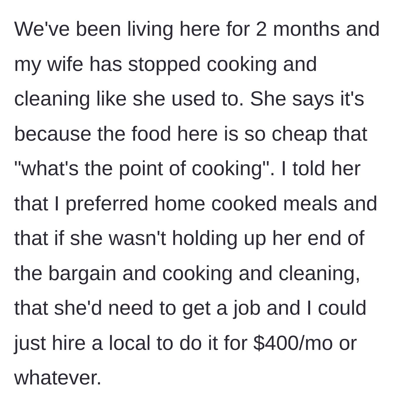 Story part 3 - A husband confronting his wife over neglected household chores in their new home.