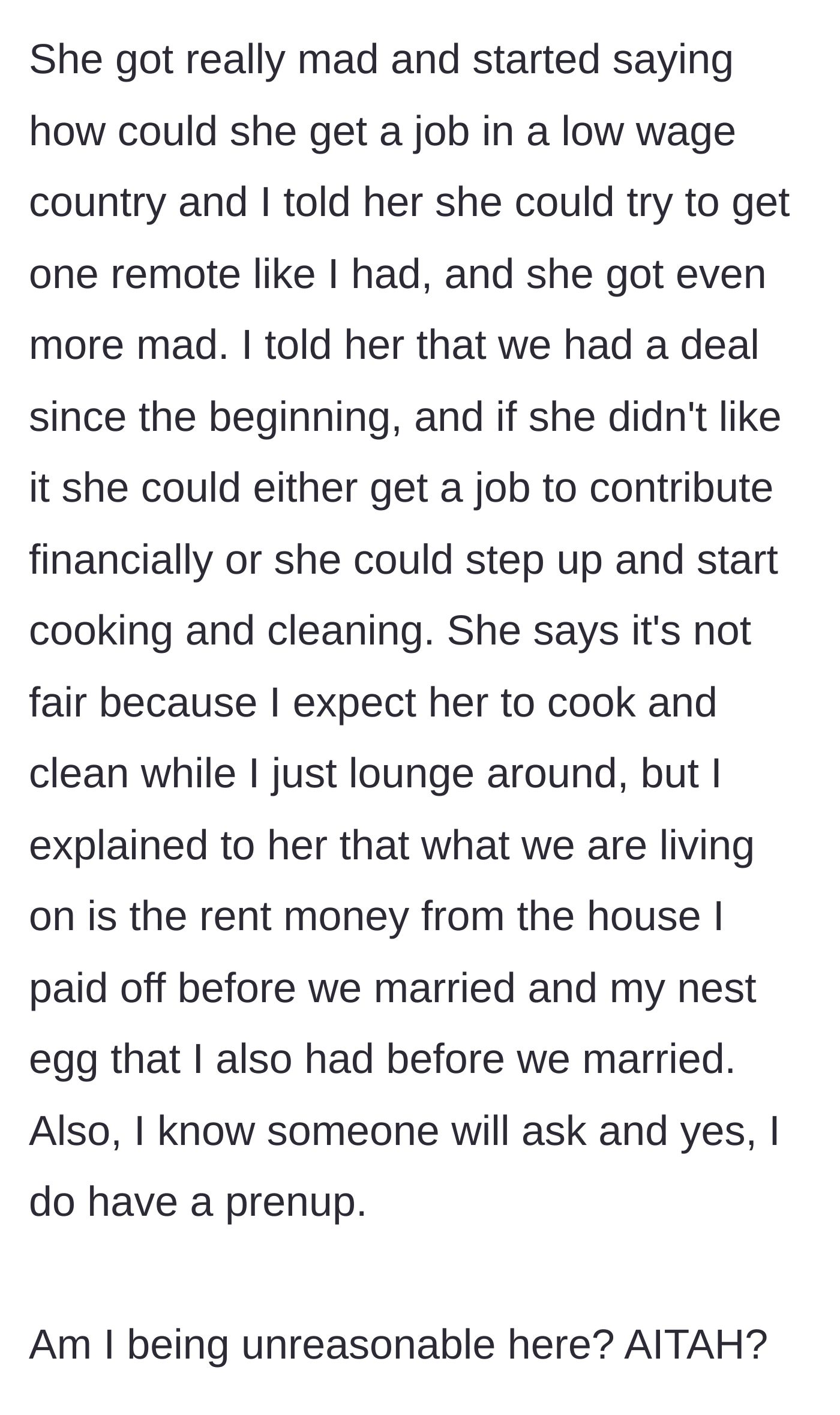 Story part 4 - An argument erupting over finances, remote work, and a prenuptial agreement.