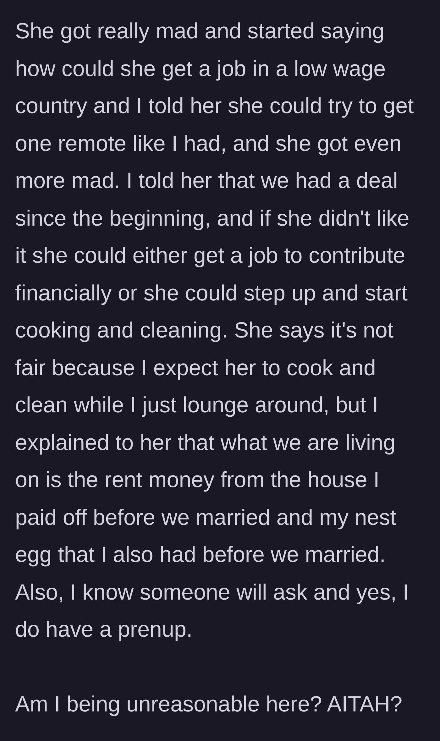 Story part 4 - An argument erupting over finances, remote work, and a prenuptial agreement.