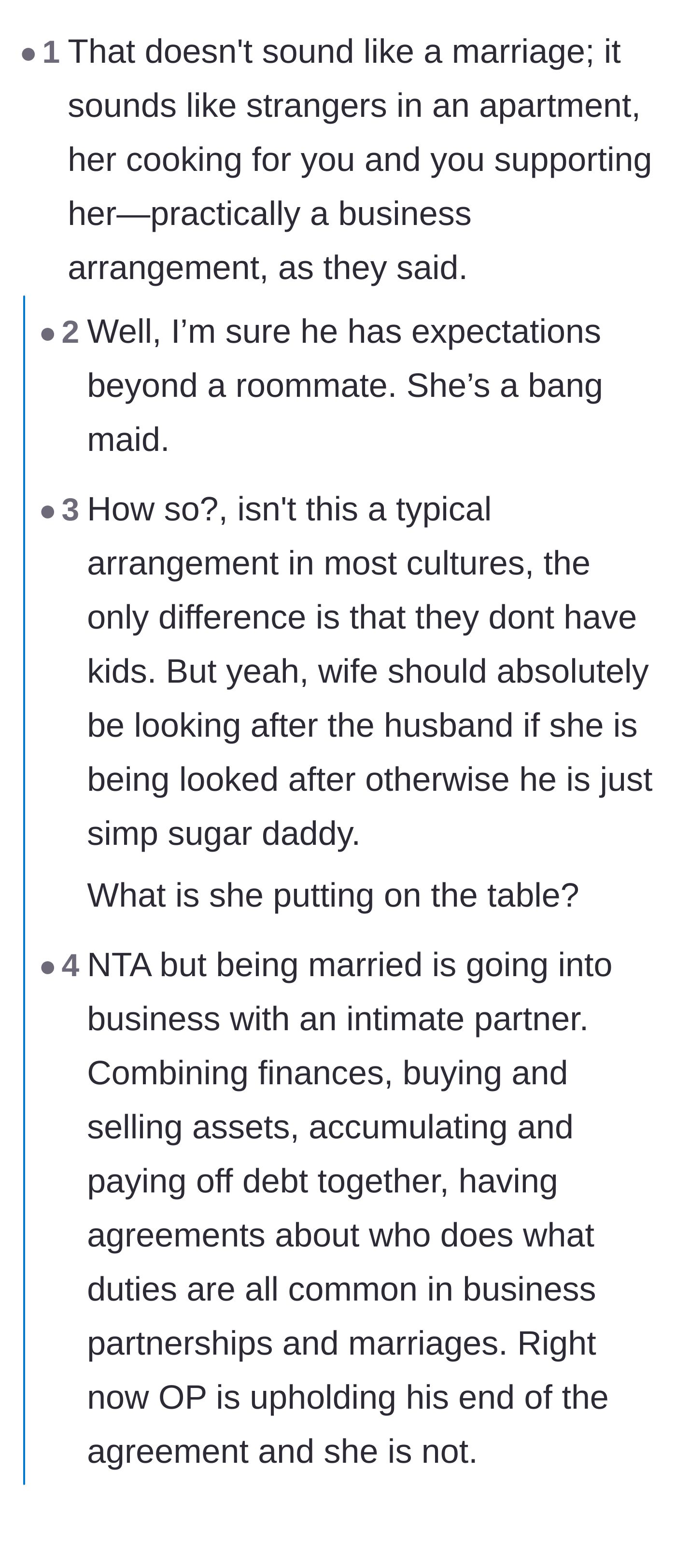 Comment thread 1 - A fierce debate over whether a marriage is a financial division of labor or an emotional partnership.