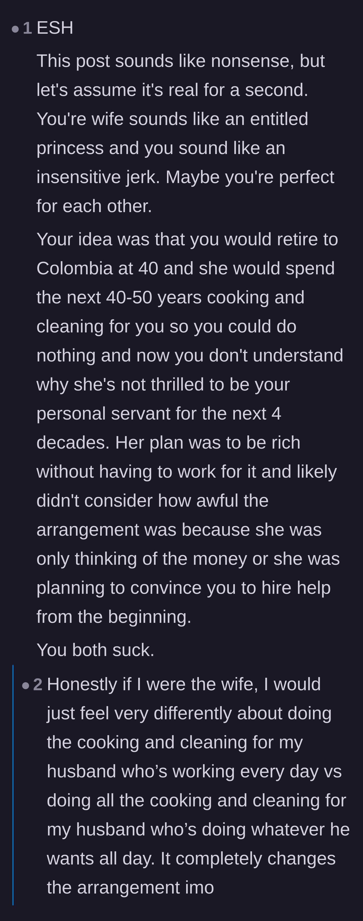 Comment thread 3 - Users calling out both partners for treating the marriage like a selfish, transactional arrangement.