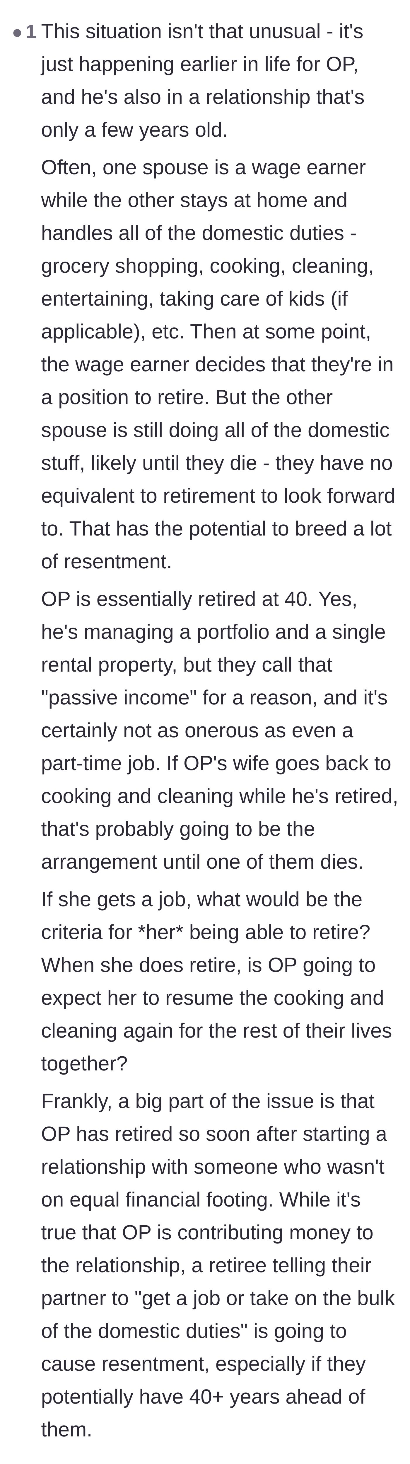 Comment thread 5 - An analysis of the unfairness of a wage-earner retiring while the homemaker has no retirement option.
