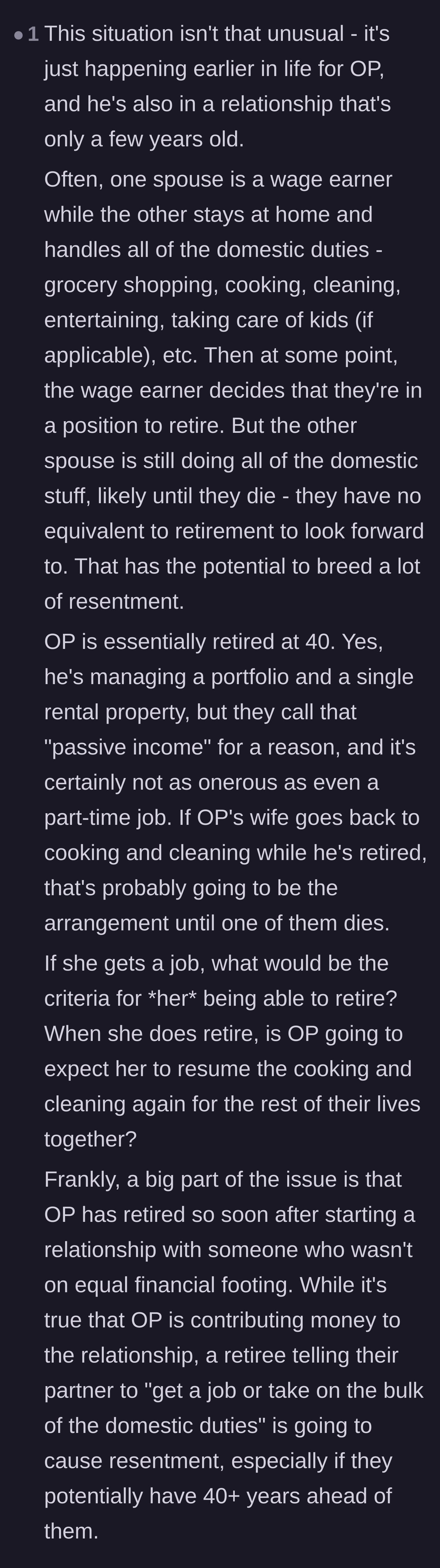 Comment thread 5 - An analysis of the unfairness of a wage-earner retiring while the homemaker has no retirement option.
