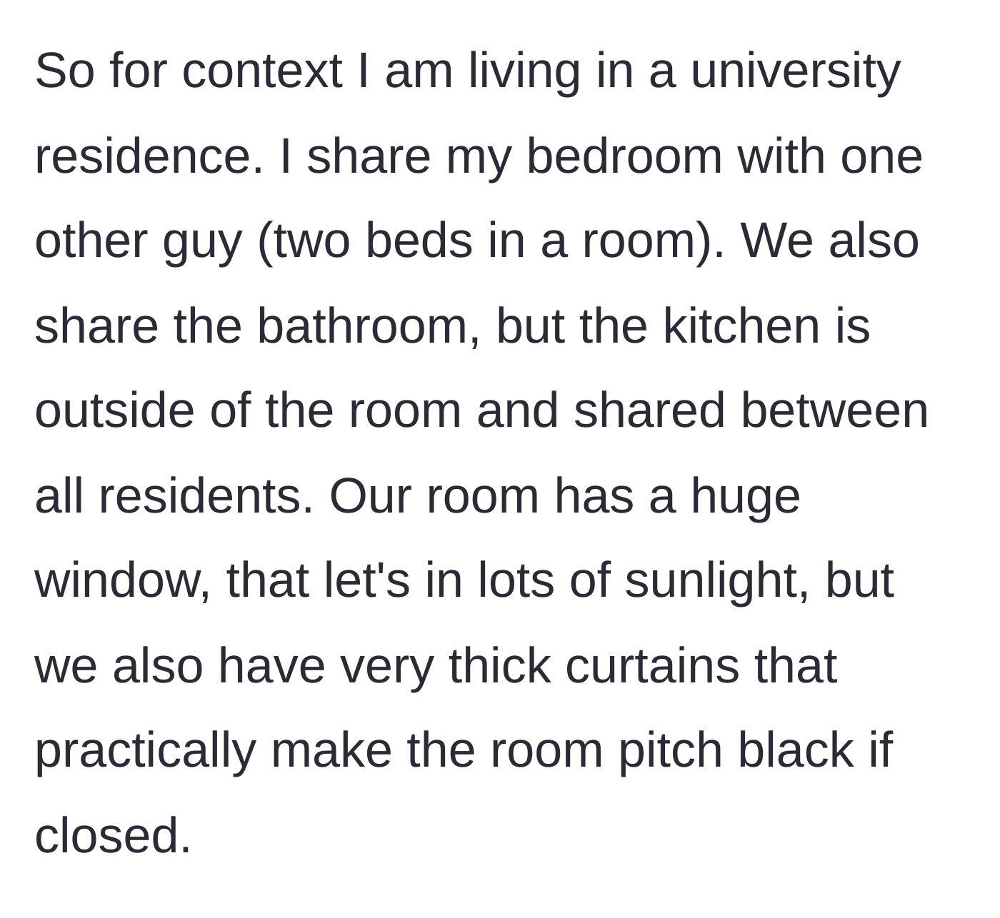 Story part 1 - Room layout description featuring two beds and heavy blackout curtains.