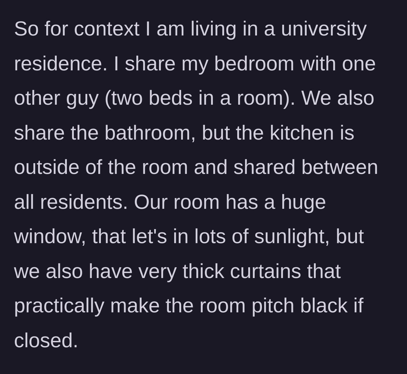 Story part 1 - Room layout description featuring two beds and heavy blackout curtains.