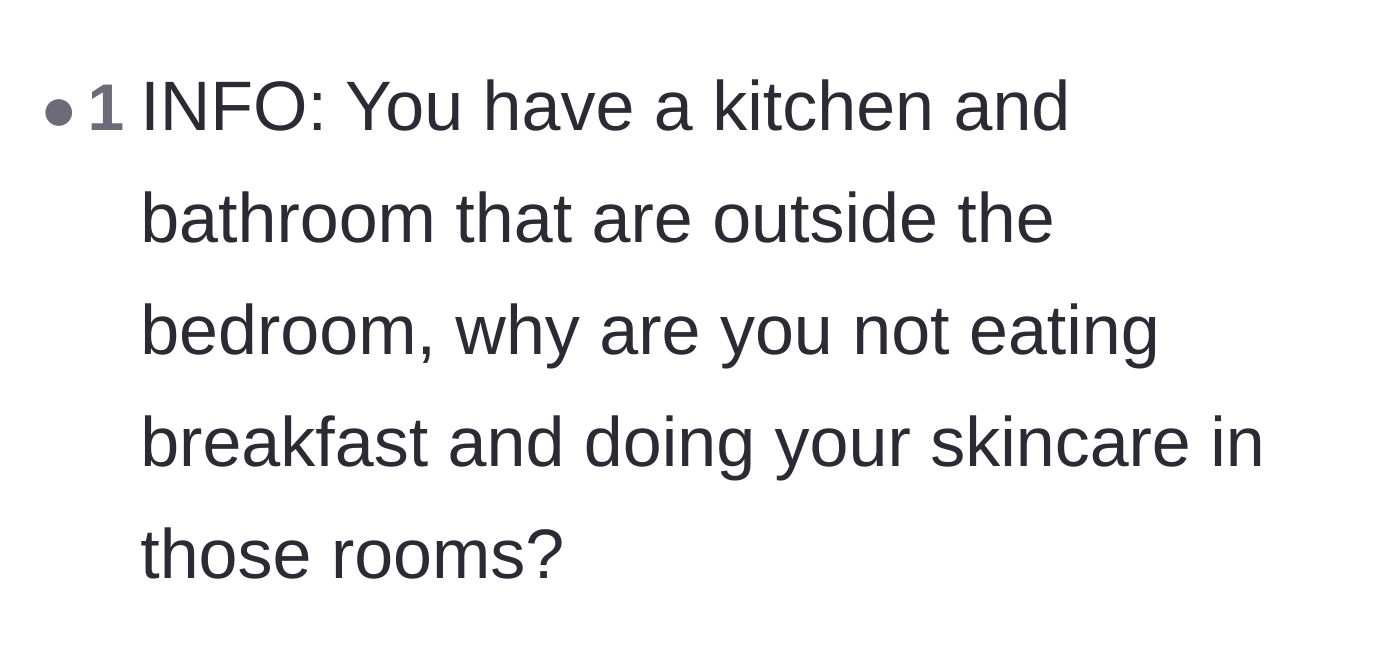 Comment thread 2 - A user asking why the original poster doesn't use the shared kitchen and bathroom for their morning routine.