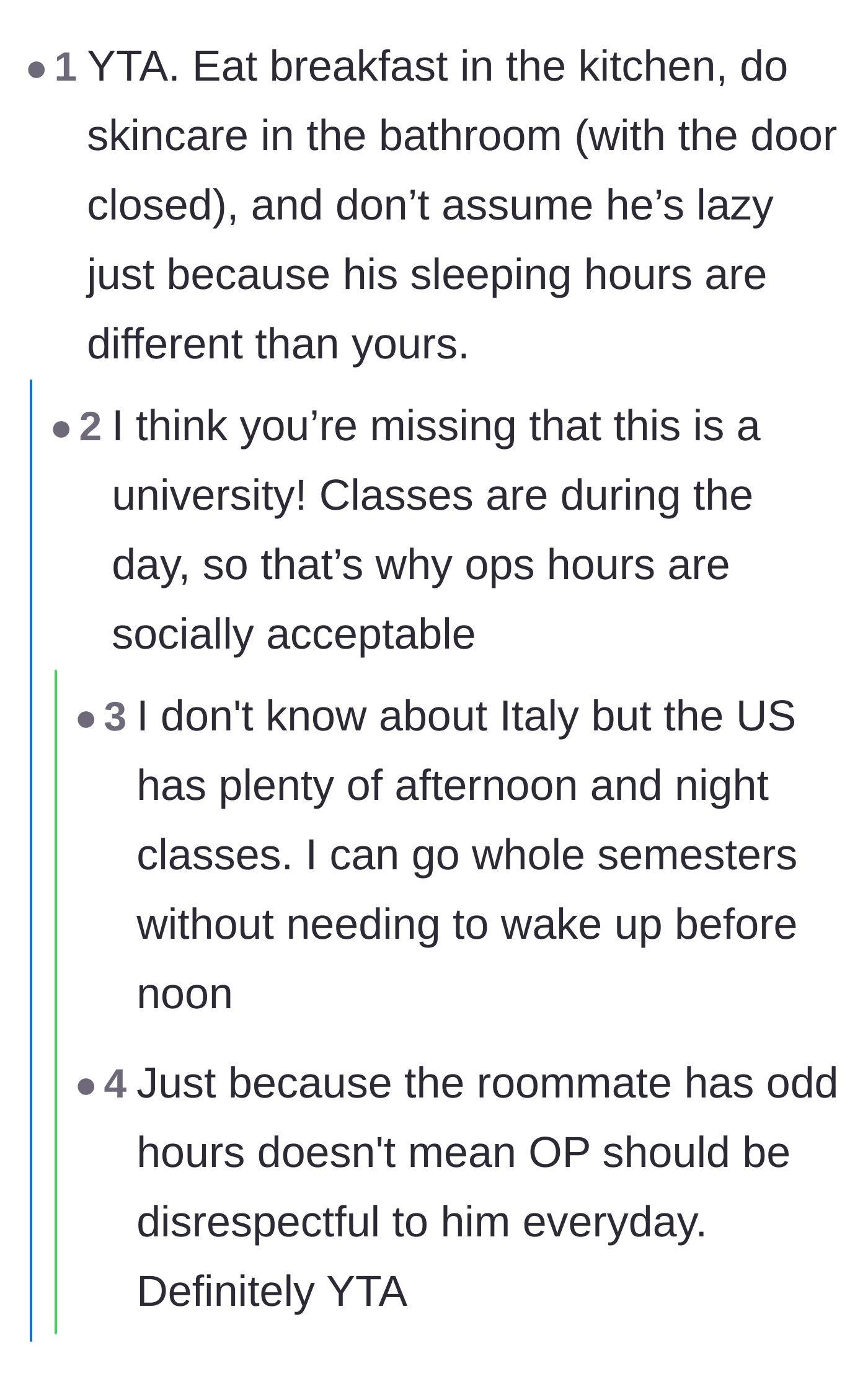 Comment thread 3 - Users voting that the original poster is wrong and debating socially acceptable university schedules.