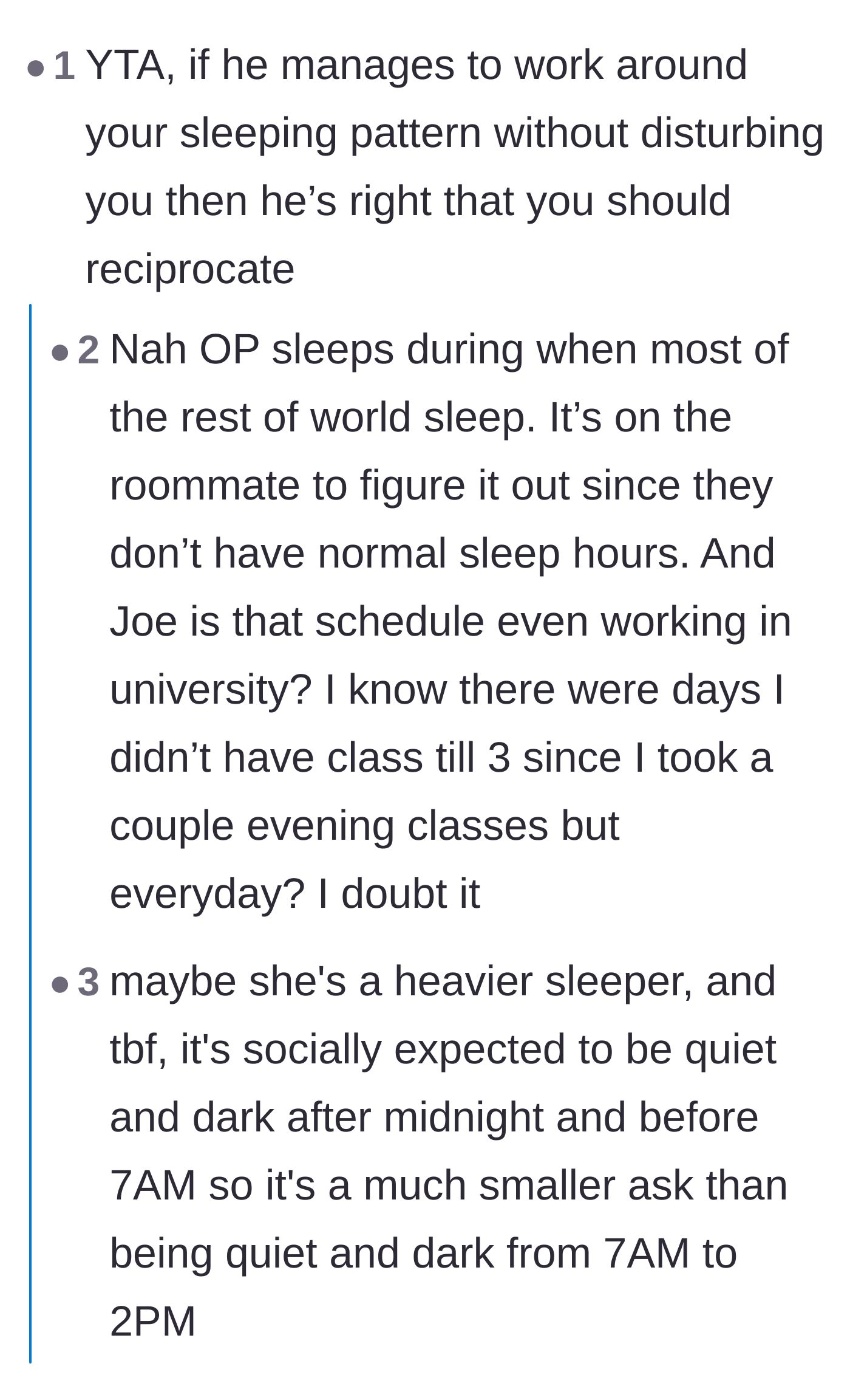 Comment thread 4 - A fierce debate over whether expecting standard daytime hours makes someone a narcissist.