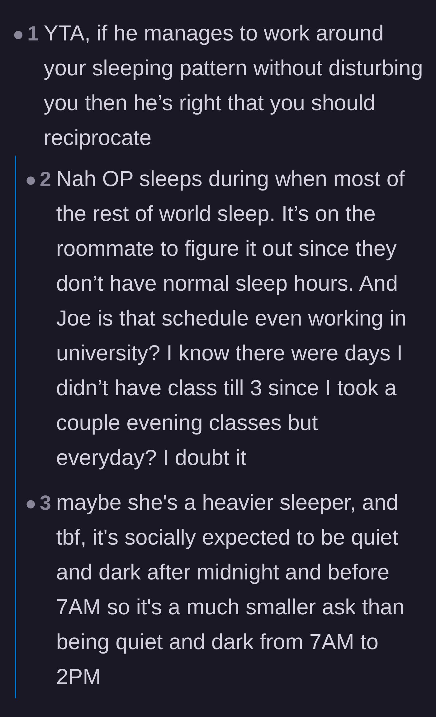 Comment thread 4 - A fierce debate over whether expecting standard daytime hours makes someone a narcissist.