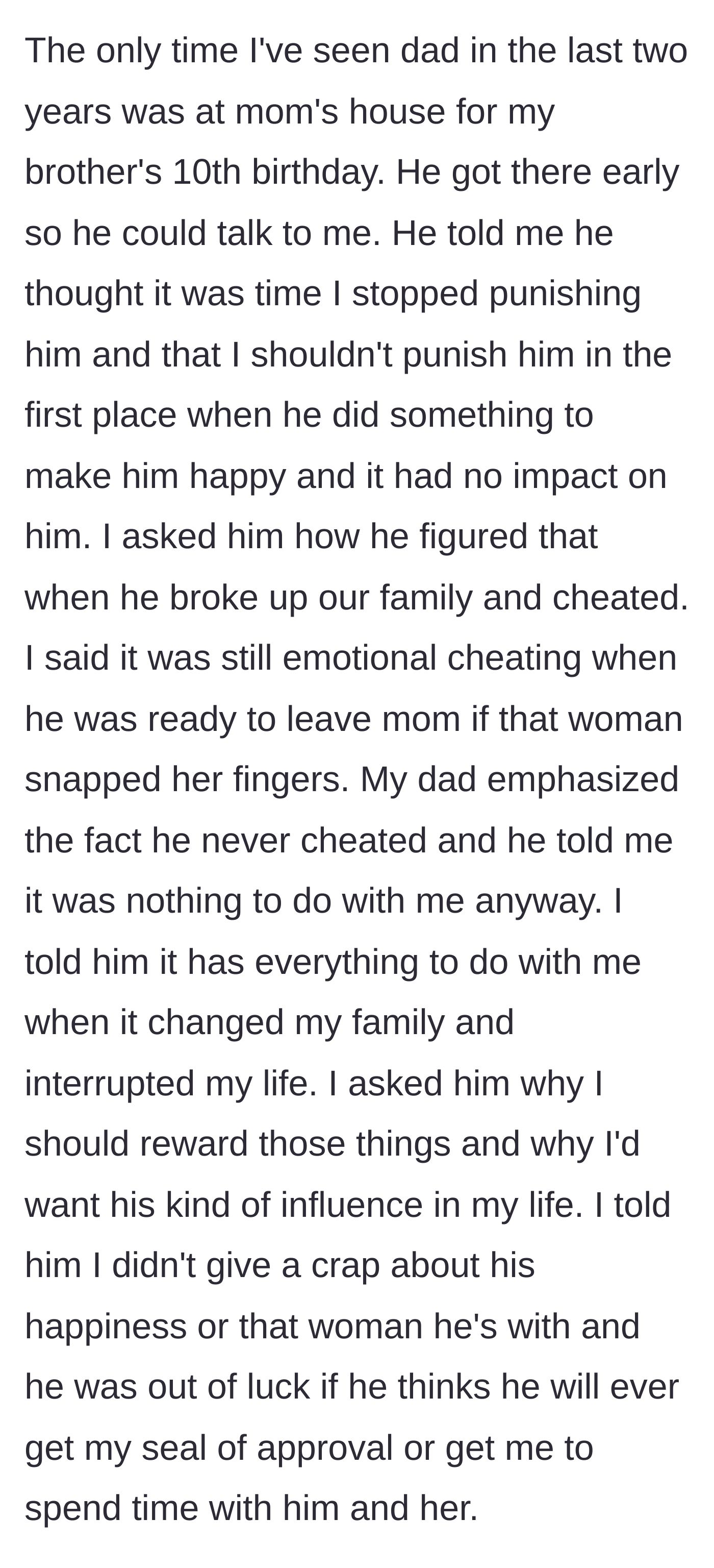 Story part 3 - The father corners his son at a 10-year-old's birthday party, demanding to know why he is being punished for seeking happiness, only to face righteous pushback.