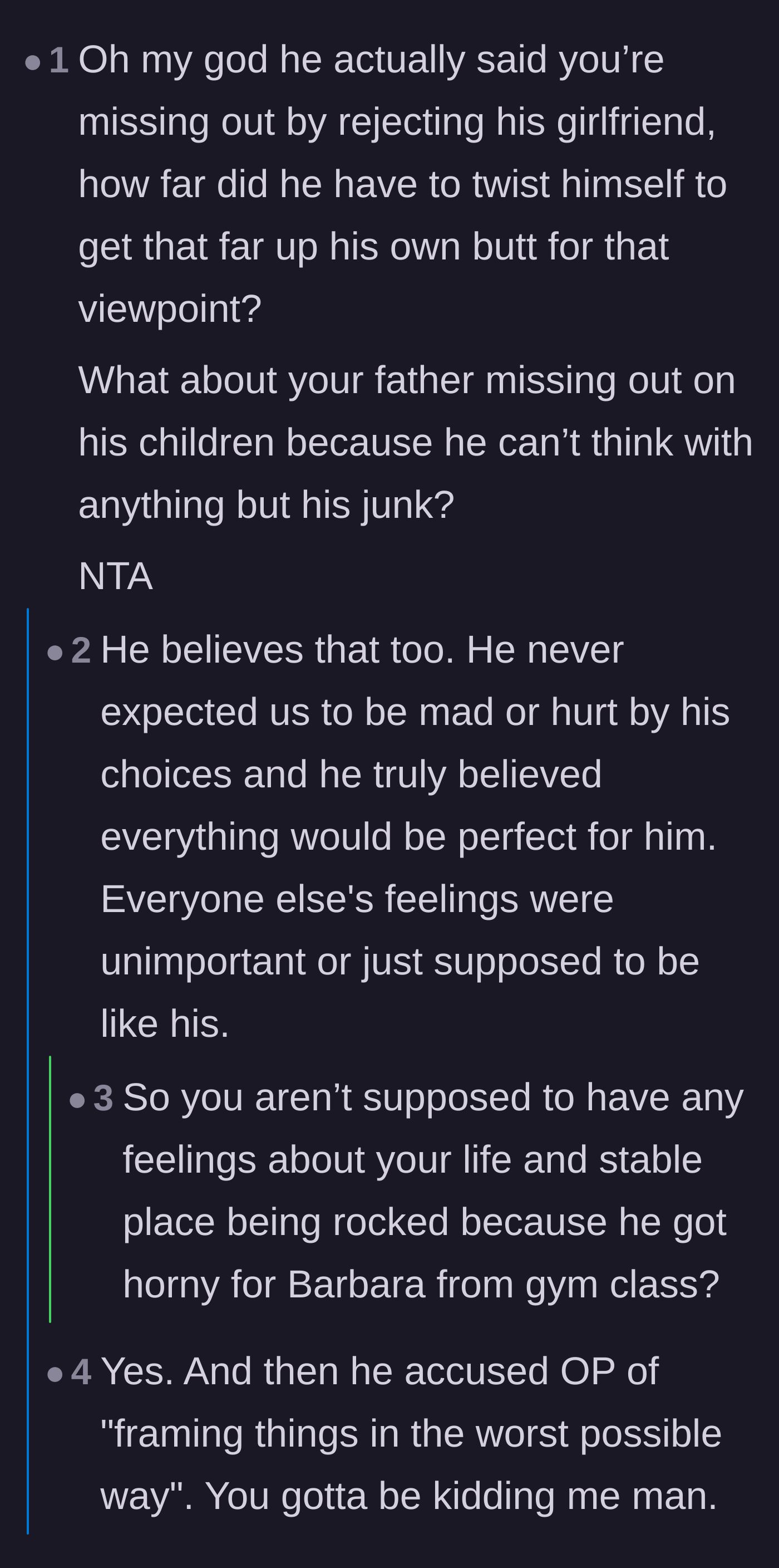 Comment thread 1 - Readers dissect the father's delusion that his children should be grateful for a new stepmother while ignoring their mother's pain.