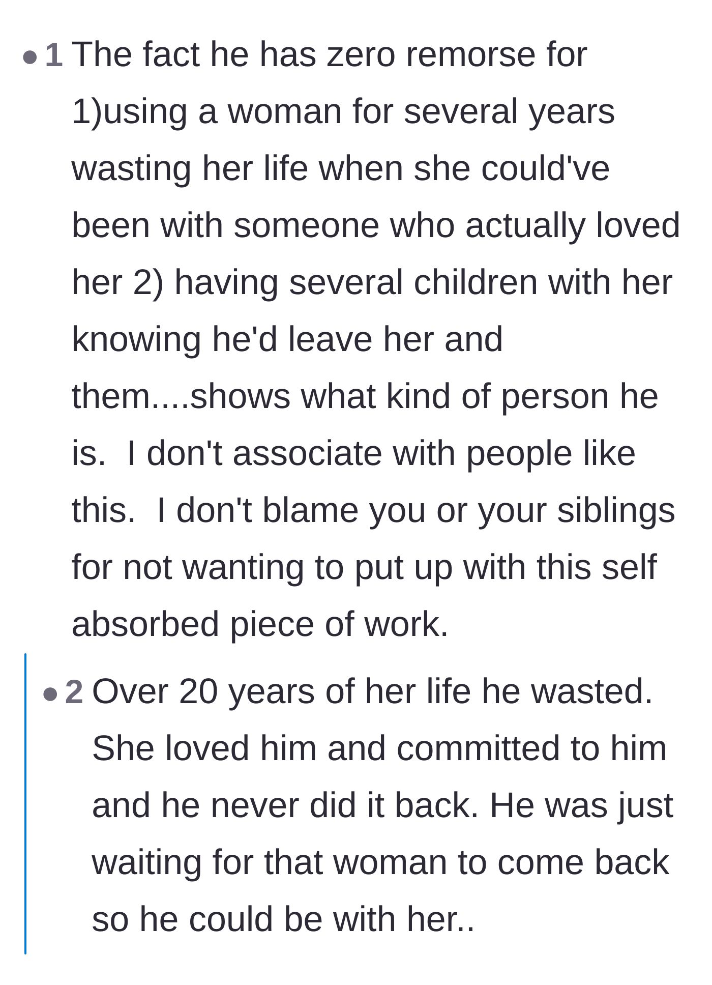 Comment thread 2 - Commenters discuss the cruelty of treating a spouse as a placeholder for twenty years and share stories of family resilience.