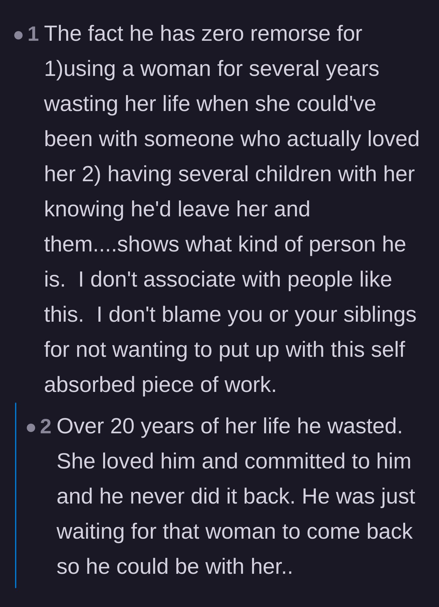 Comment thread 2 - Commenters discuss the cruelty of treating a spouse as a placeholder for twenty years and share stories of family resilience.