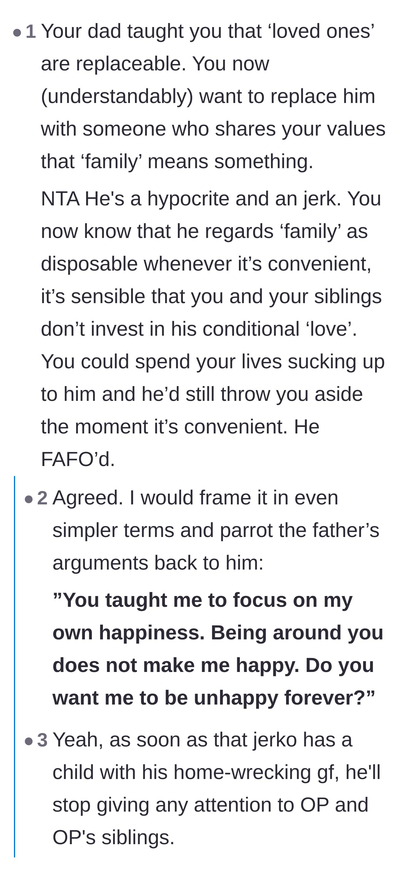 Comment thread 4 - Readers point out the irony that the father taught his children family is disposable, only to be furious when they dispose of him.