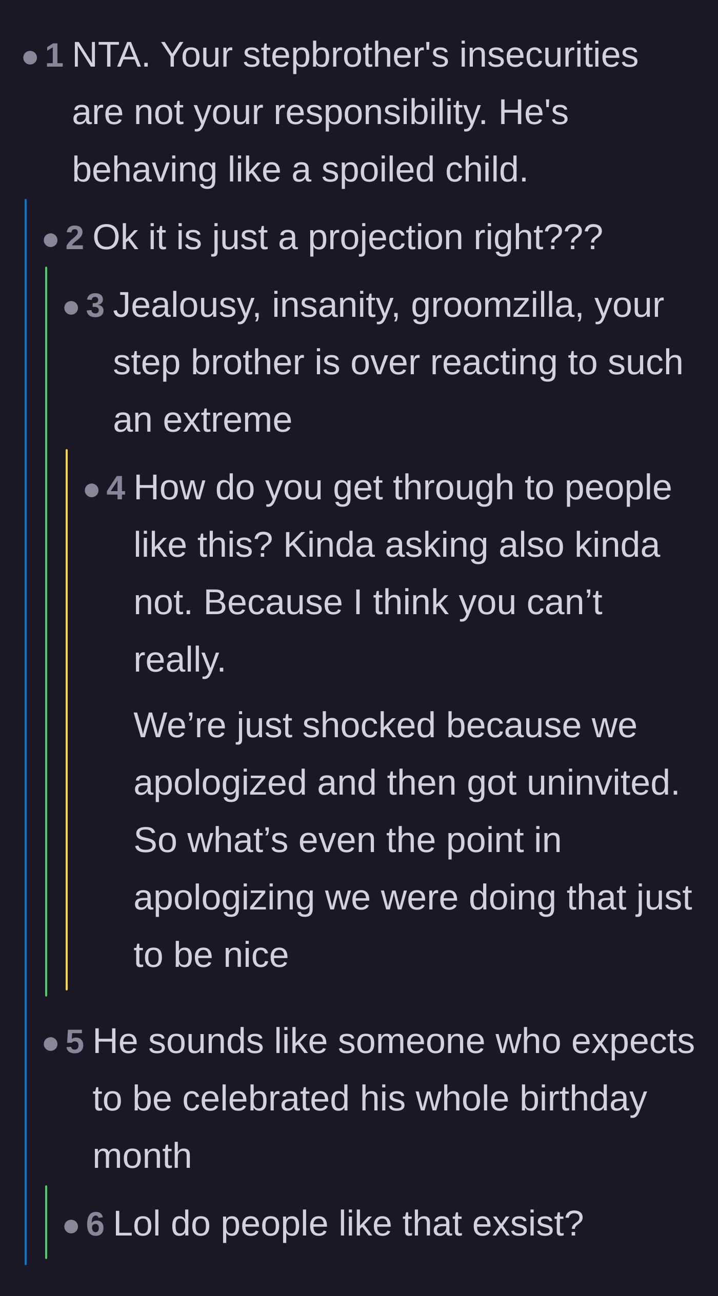 Comment thread 2 - Callout of the stepbrother's deep insecurities and theories on why he threw a massive tantrum