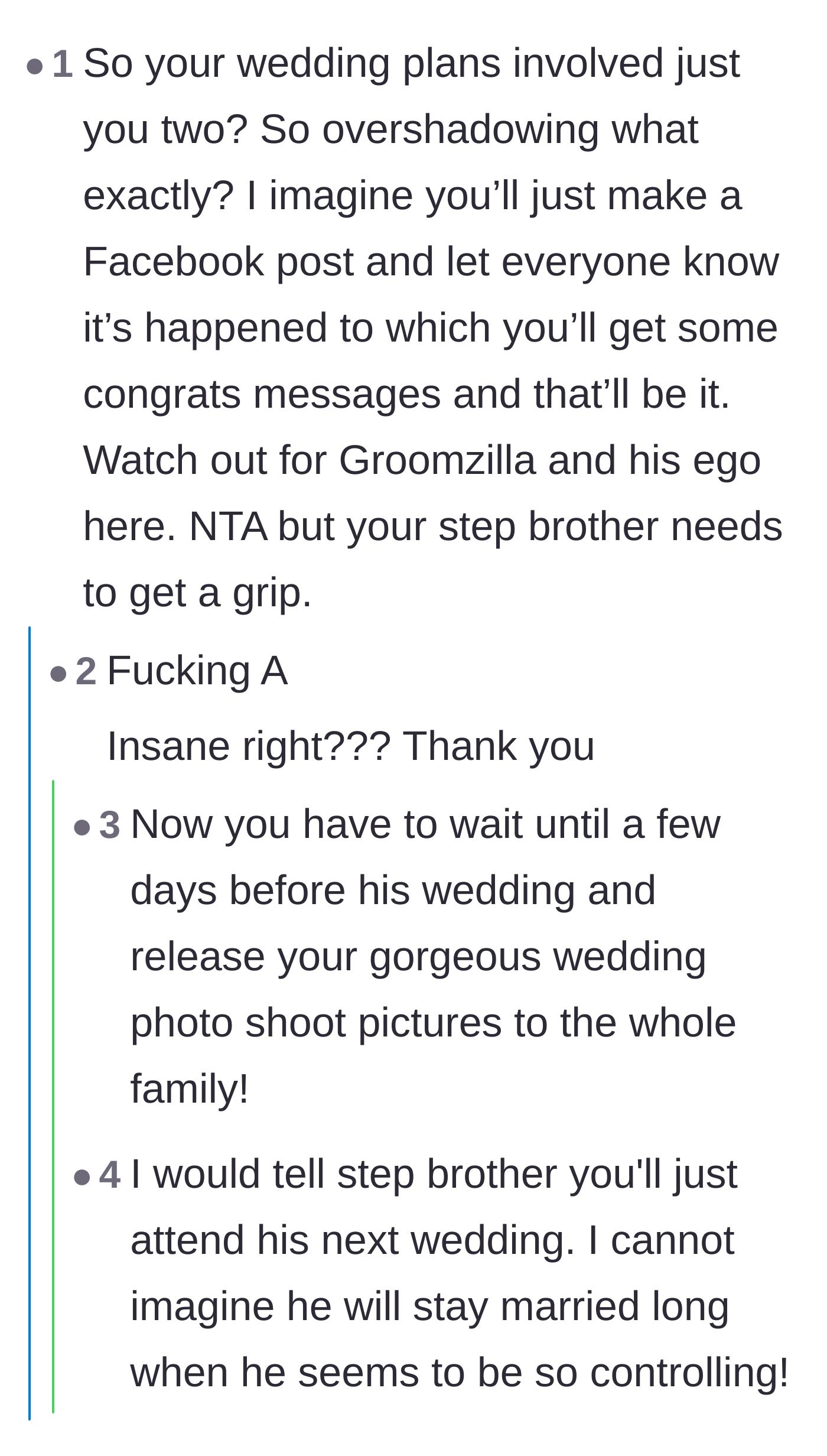 Comment thread 3 - Highlighting that a private elopement with zero guests cannot overshadow a full wedding