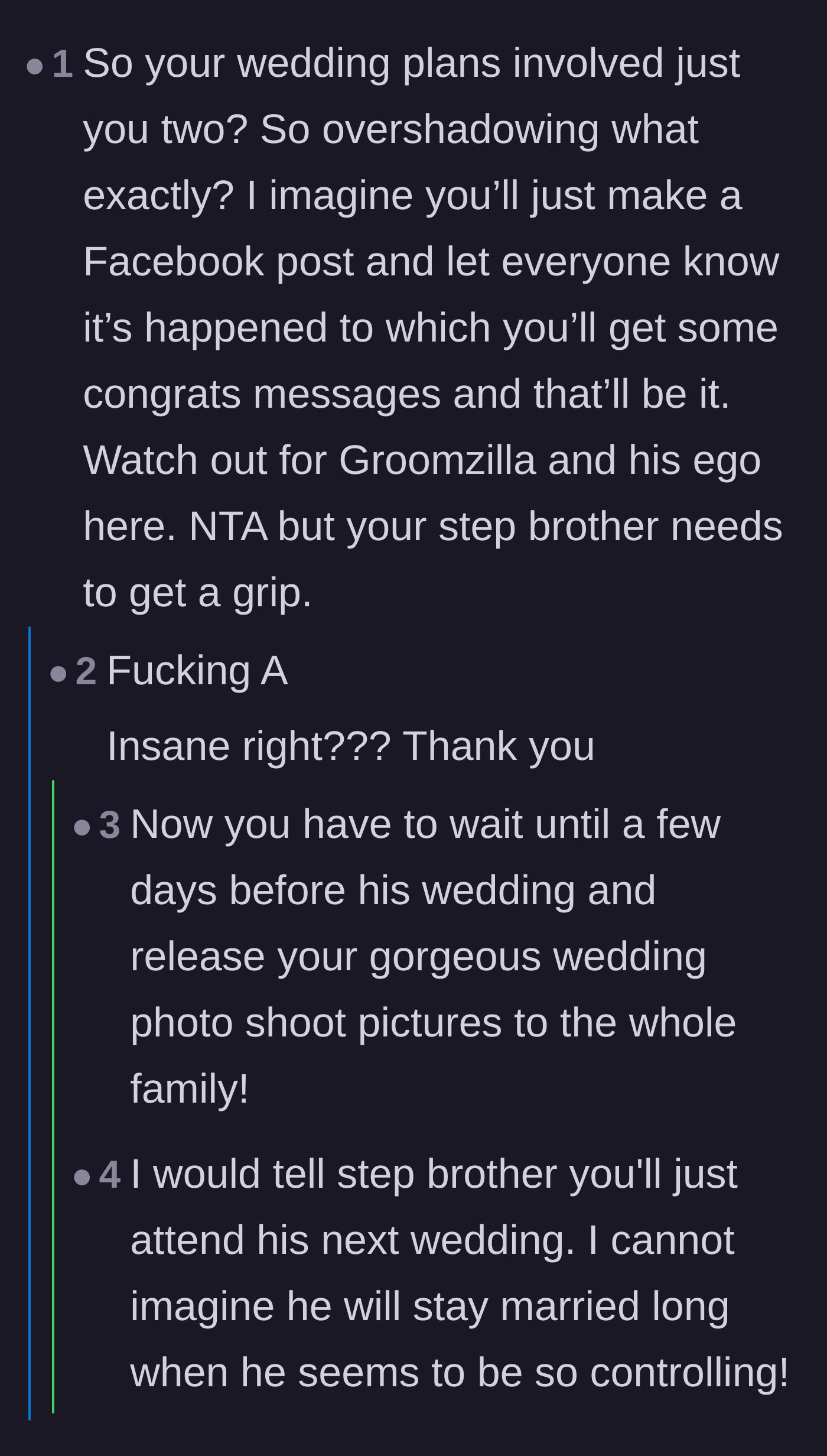 Comment thread 3 - Highlighting that a private elopement with zero guests cannot overshadow a full wedding