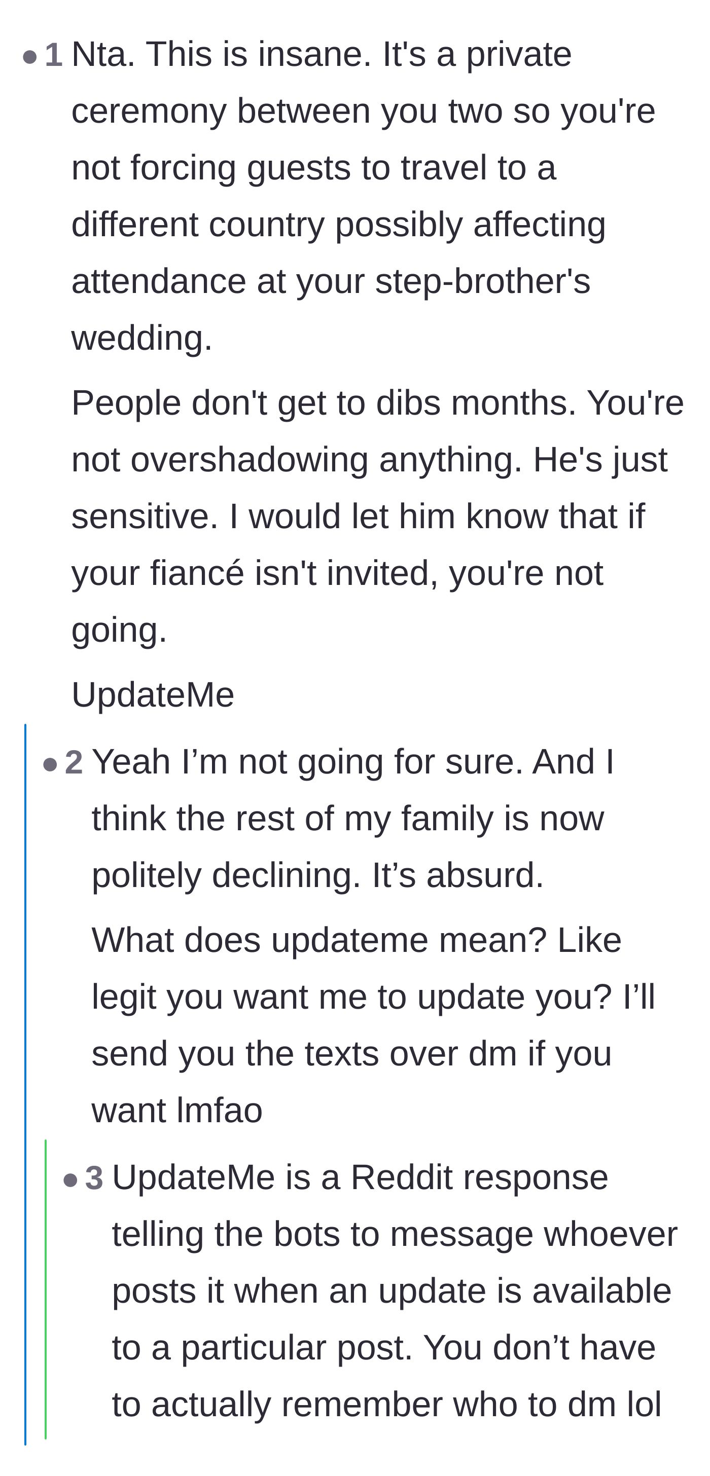 Comment thread 5 - Discussion revealing that the rest of the family is declining the wedding invite over this drama