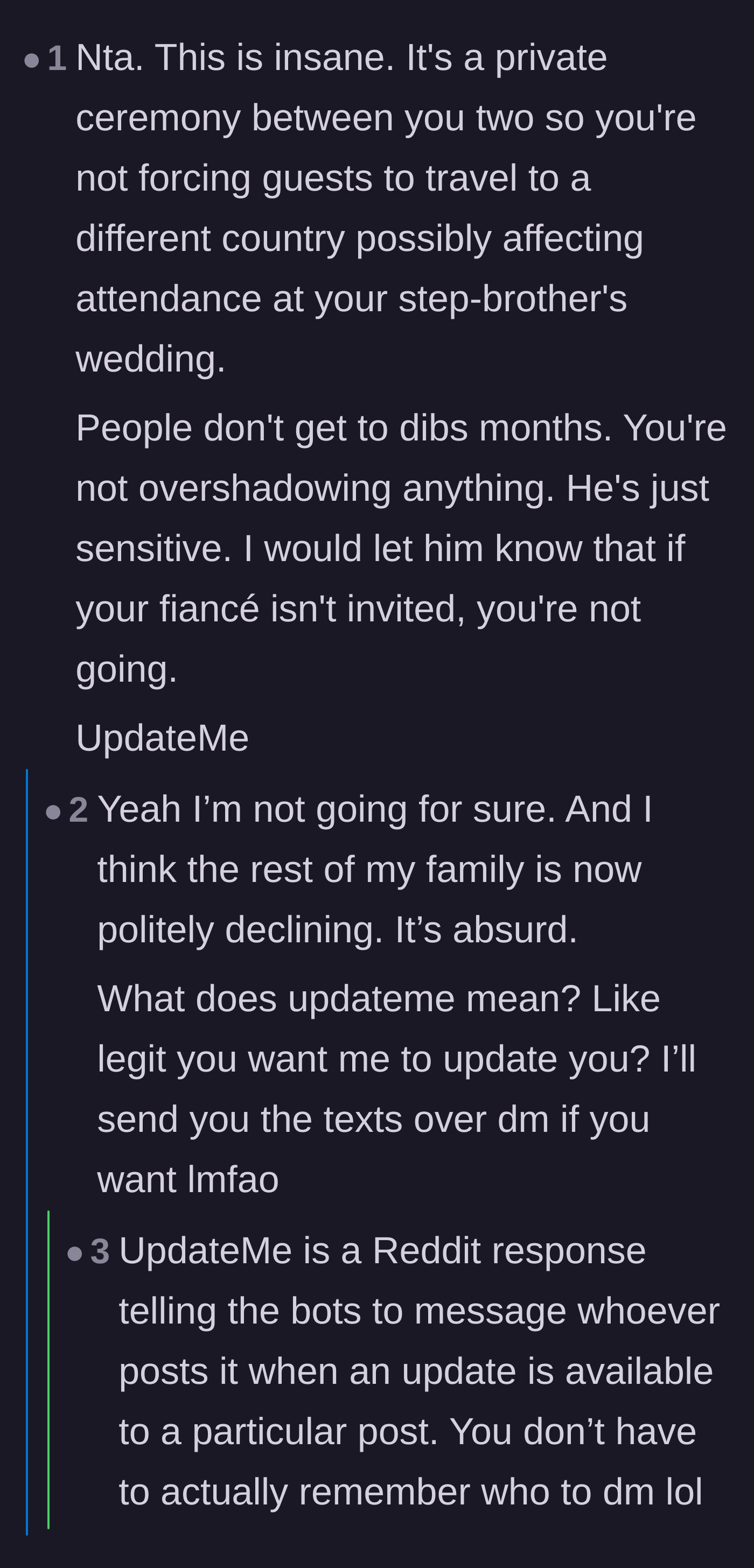 Comment thread 5 - Discussion revealing that the rest of the family is declining the wedding invite over this drama