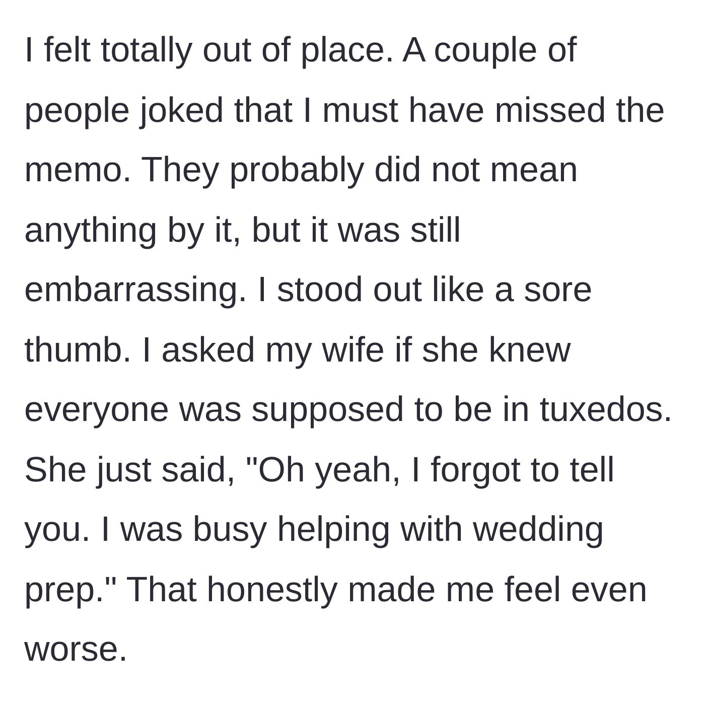 Story part 3 - Wedding guests chuckling at the husband's outfit while his wife nonchalantly shrugs off his concern.