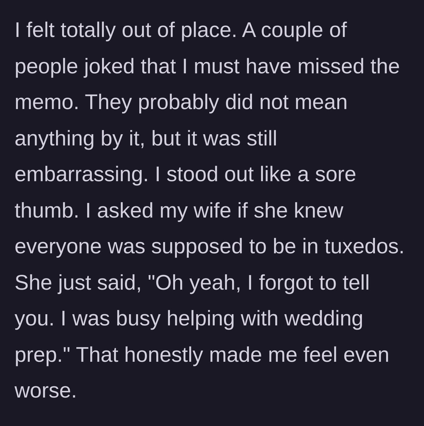 Story part 3 - Wedding guests chuckling at the husband's outfit while his wife nonchalantly shrugs off his concern.