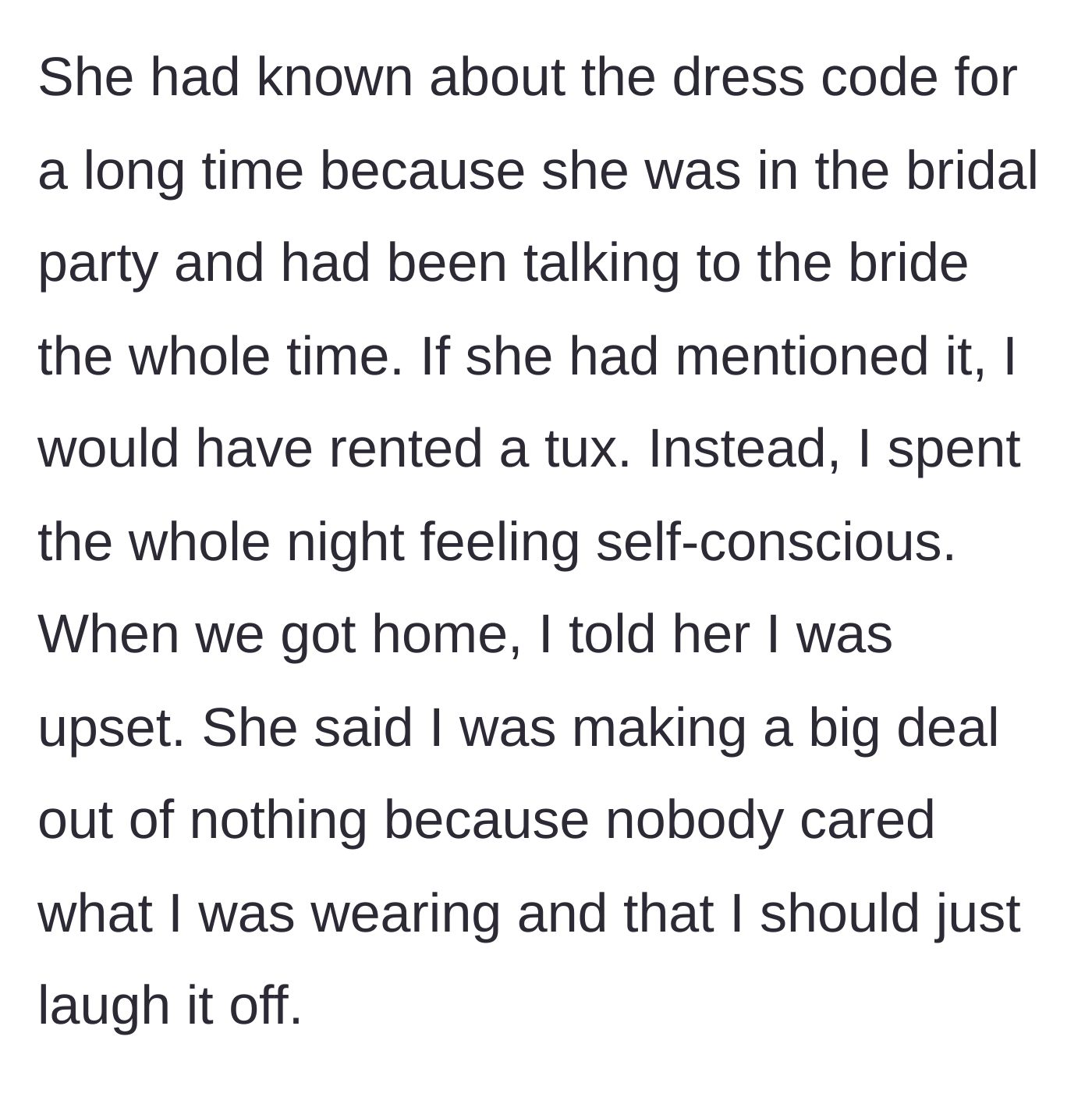 Story part 4 - Husband sitting quietly at a reception table, looking profoundly sad and self-conscious, and later trying to talk to his wife at home.