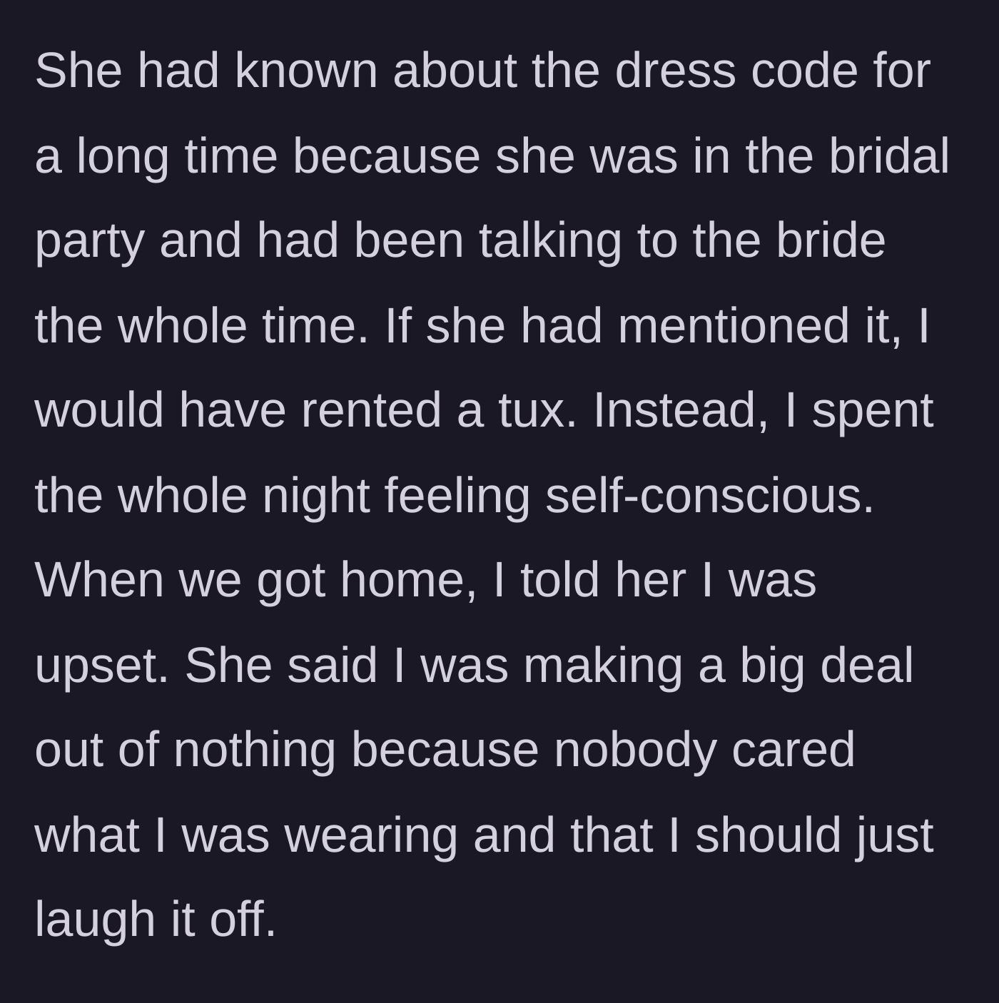 Story part 4 - Husband sitting quietly at a reception table, looking profoundly sad and self-conscious, and later trying to talk to his wife at home.