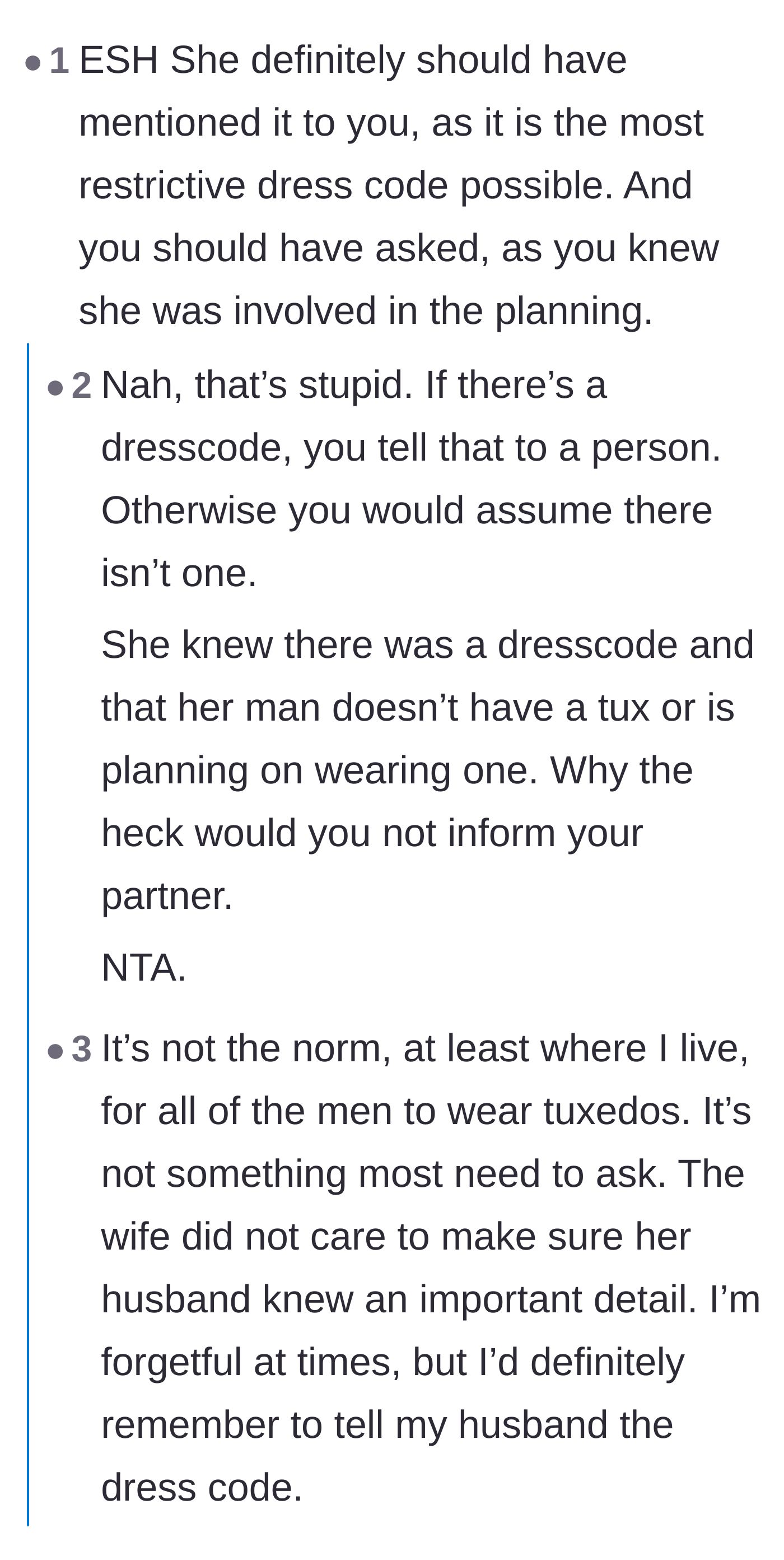 Comment thread 1 - Debate over whether spouses should naturally communicate dress codes or check the invitation themselves