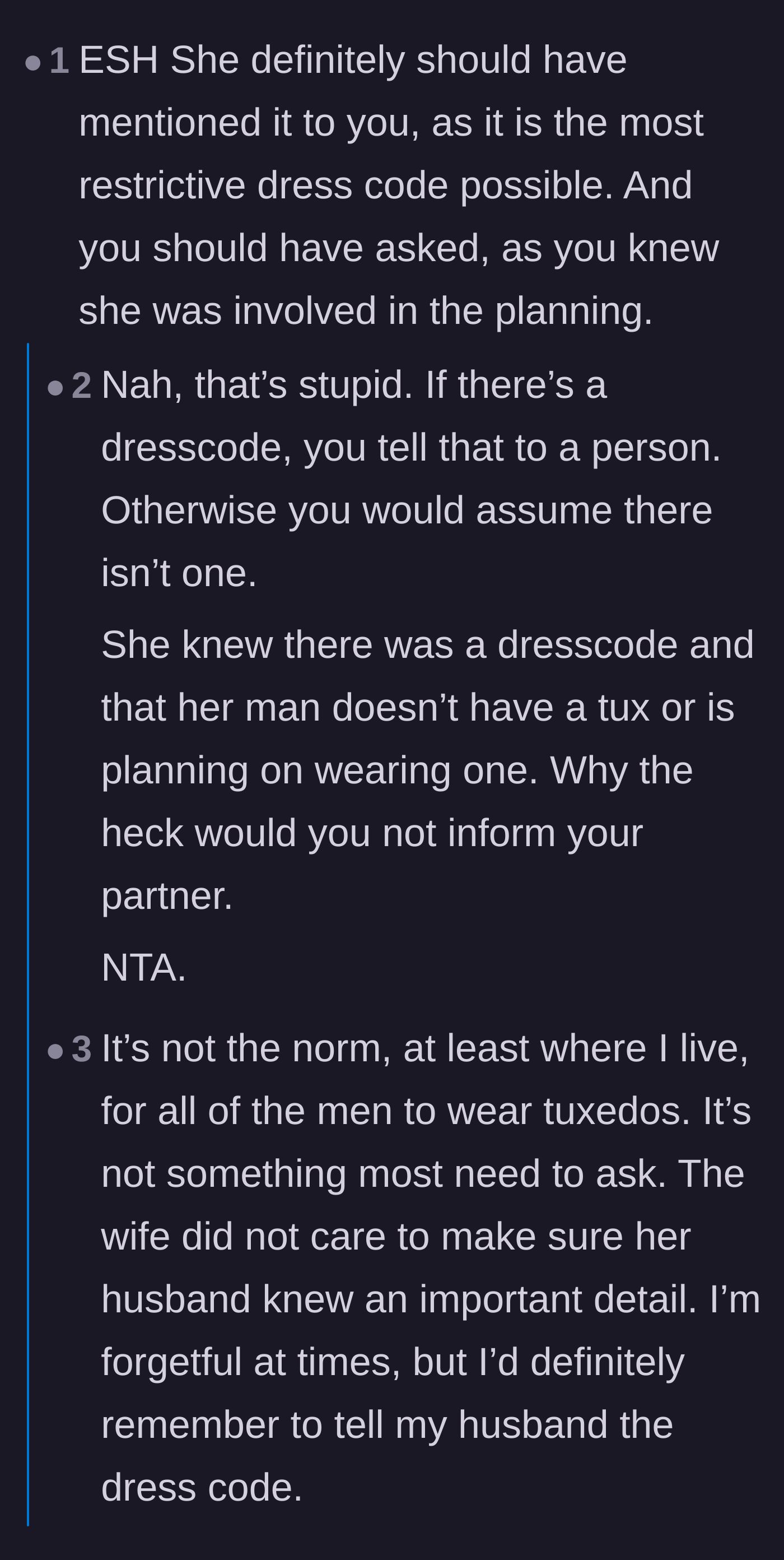 Comment thread 1 - Debate over whether spouses should naturally communicate dress codes or check the invitation themselves