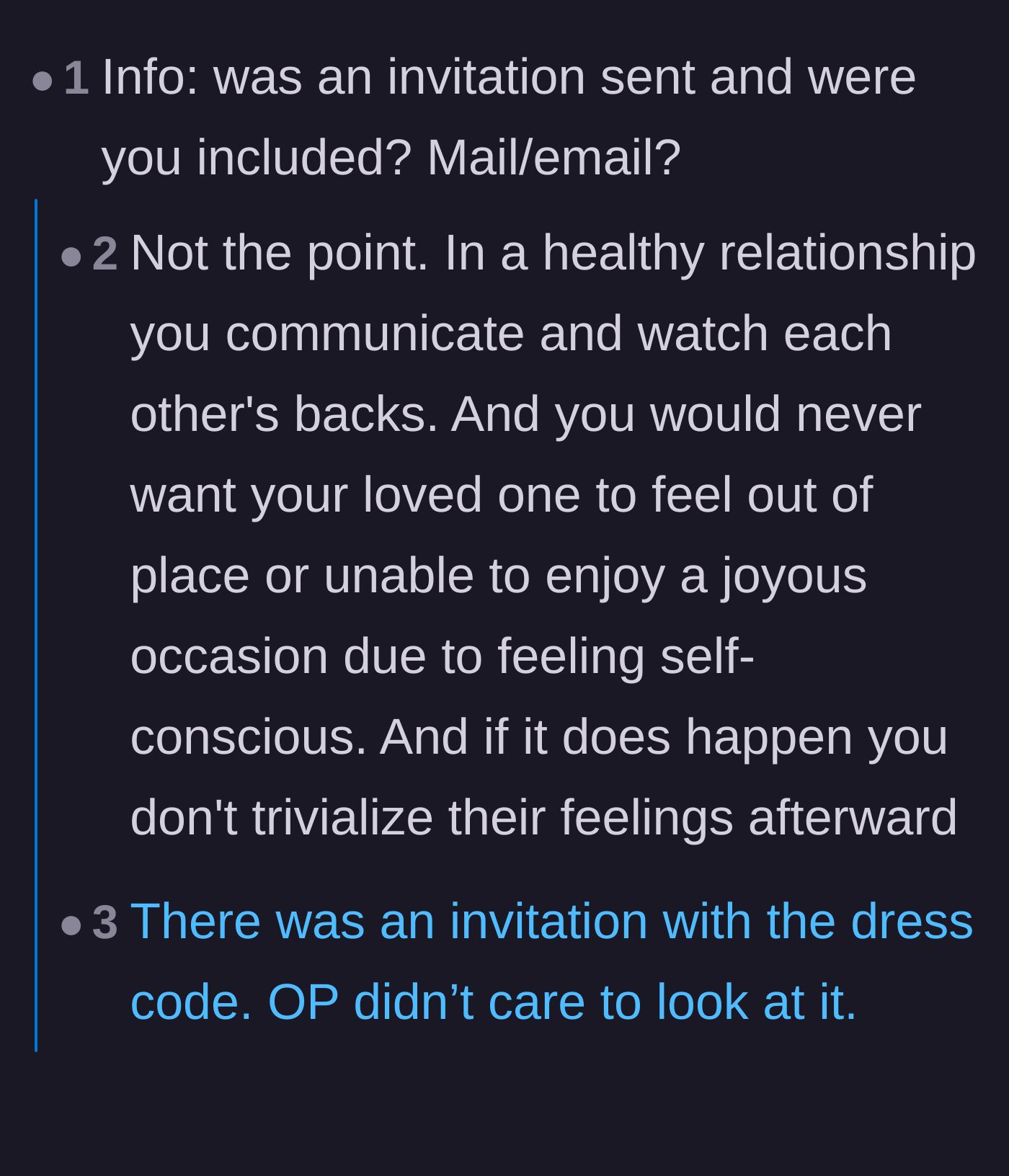Comment thread 2 - Discussion on whether the wife's silence was a malicious choice or just clumsy forgetfulness