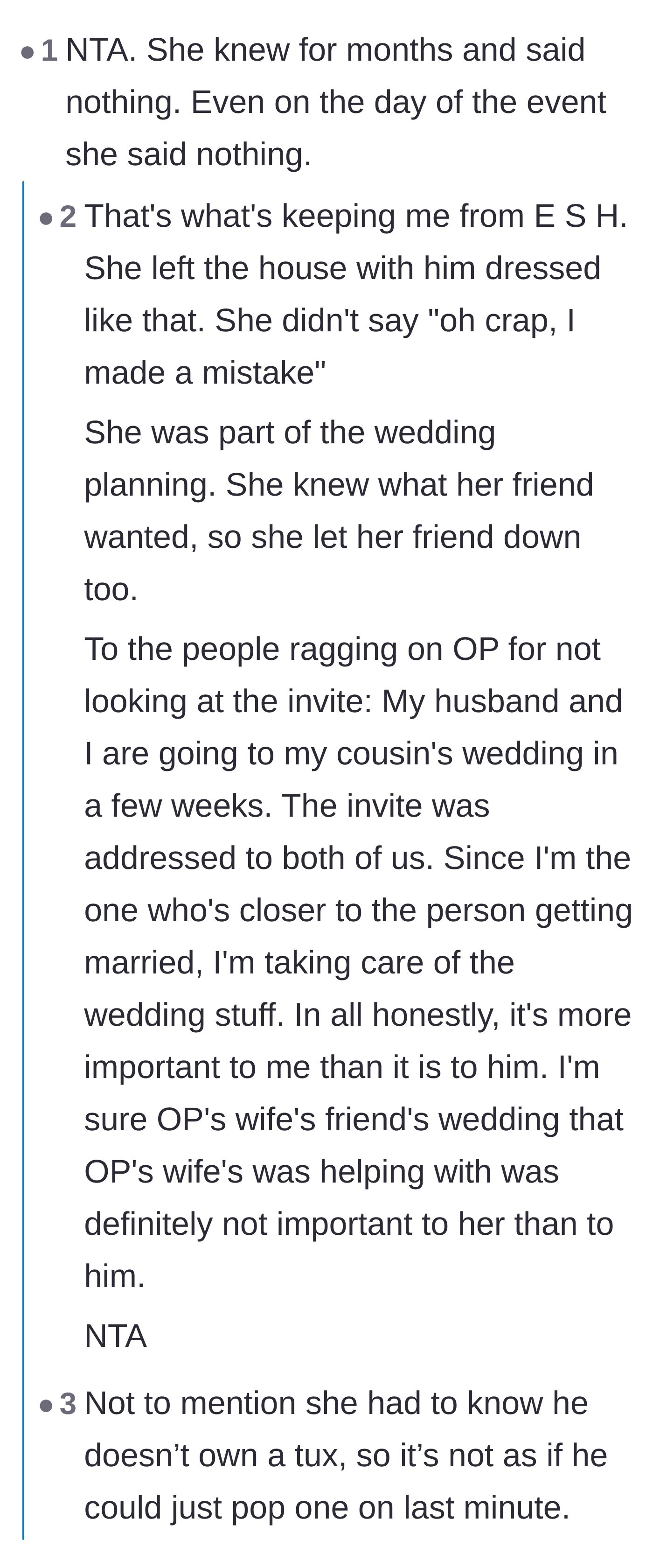 Comment thread 4 - Outrage over the timeline of the wedding day and how the wife couldn't have missed her husband's outfit