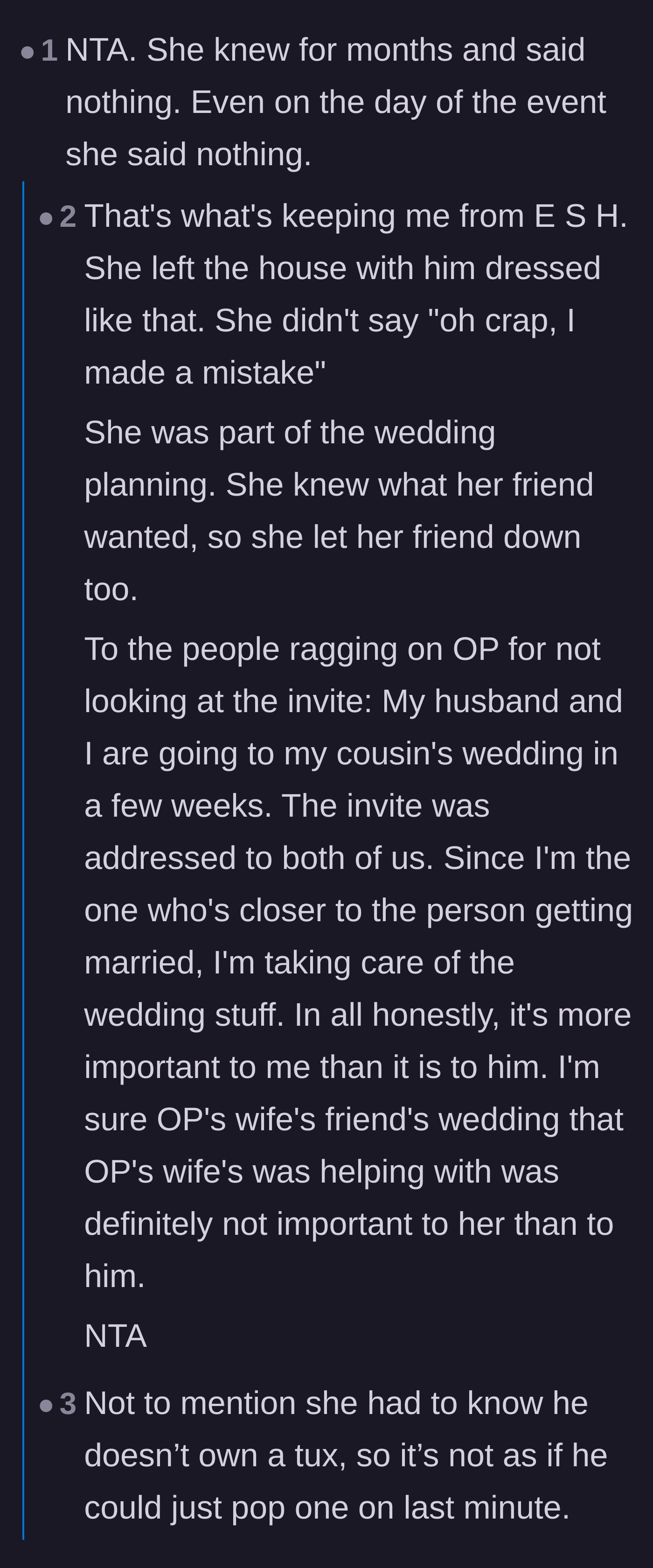 Comment thread 4 - Outrage over the timeline of the wedding day and how the wife couldn't have missed her husband's outfit
