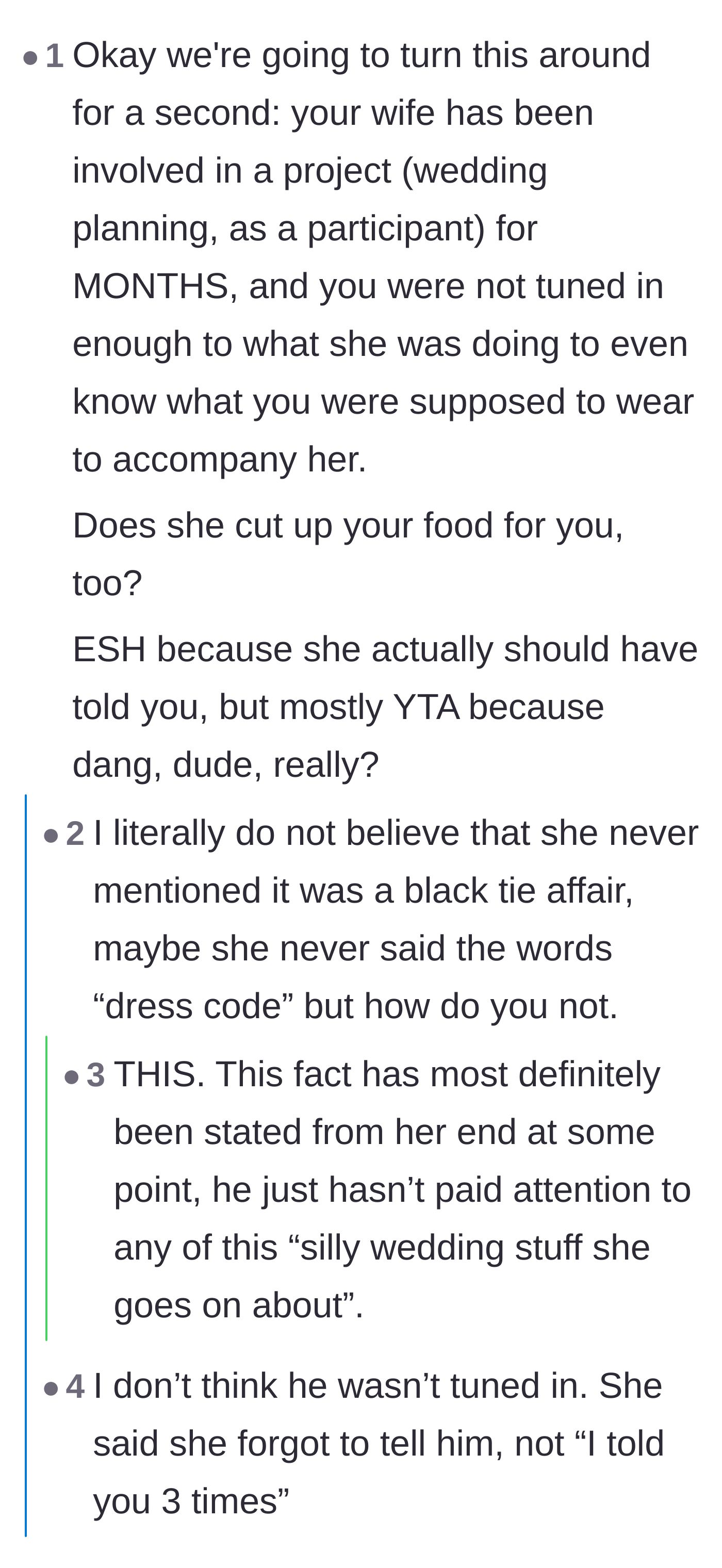 Comment thread 6 - Criticism of the husband for allegedly ignoring his wife's wedding planning and missing the dress code details