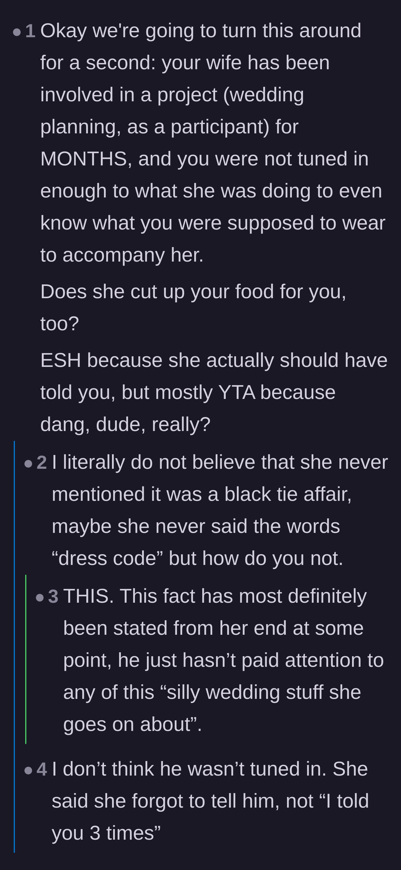 Comment thread 6 - Criticism of the husband for allegedly ignoring his wife's wedding planning and missing the dress code details