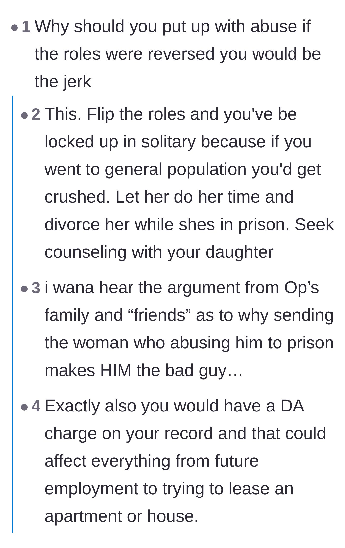 Comment thread 1 - A discussion on the double standards of domestic abuse and how the public would react if the genders were reversed.