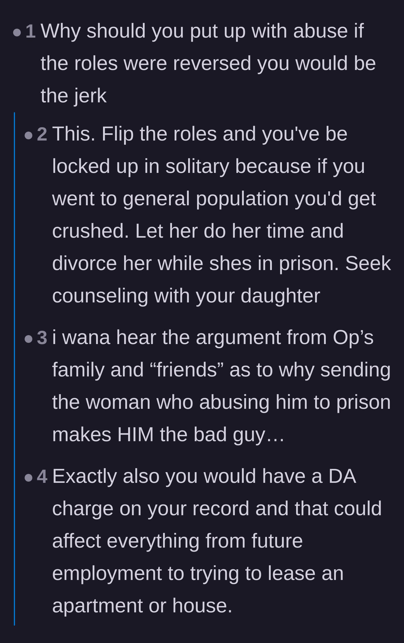 Comment thread 1 - A discussion on the double standards of domestic abuse and how the public would react if the genders were reversed.