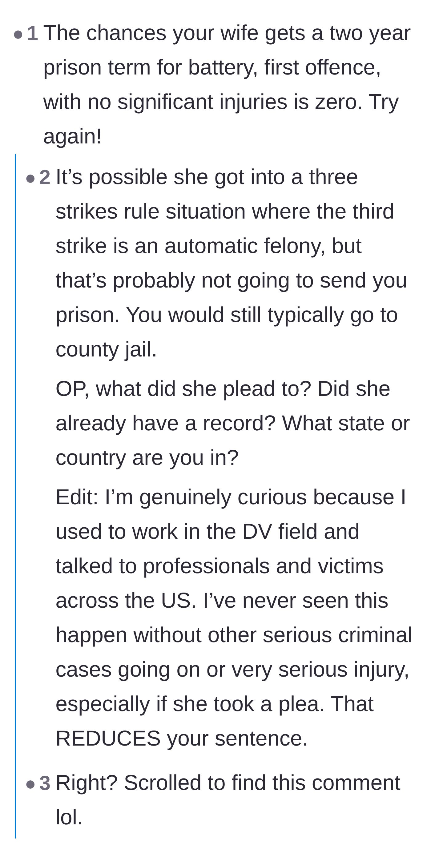 Comment thread 5 - Legal skepticism regarding the plausibility of a two-year prison sentence for a first-time battery charge.